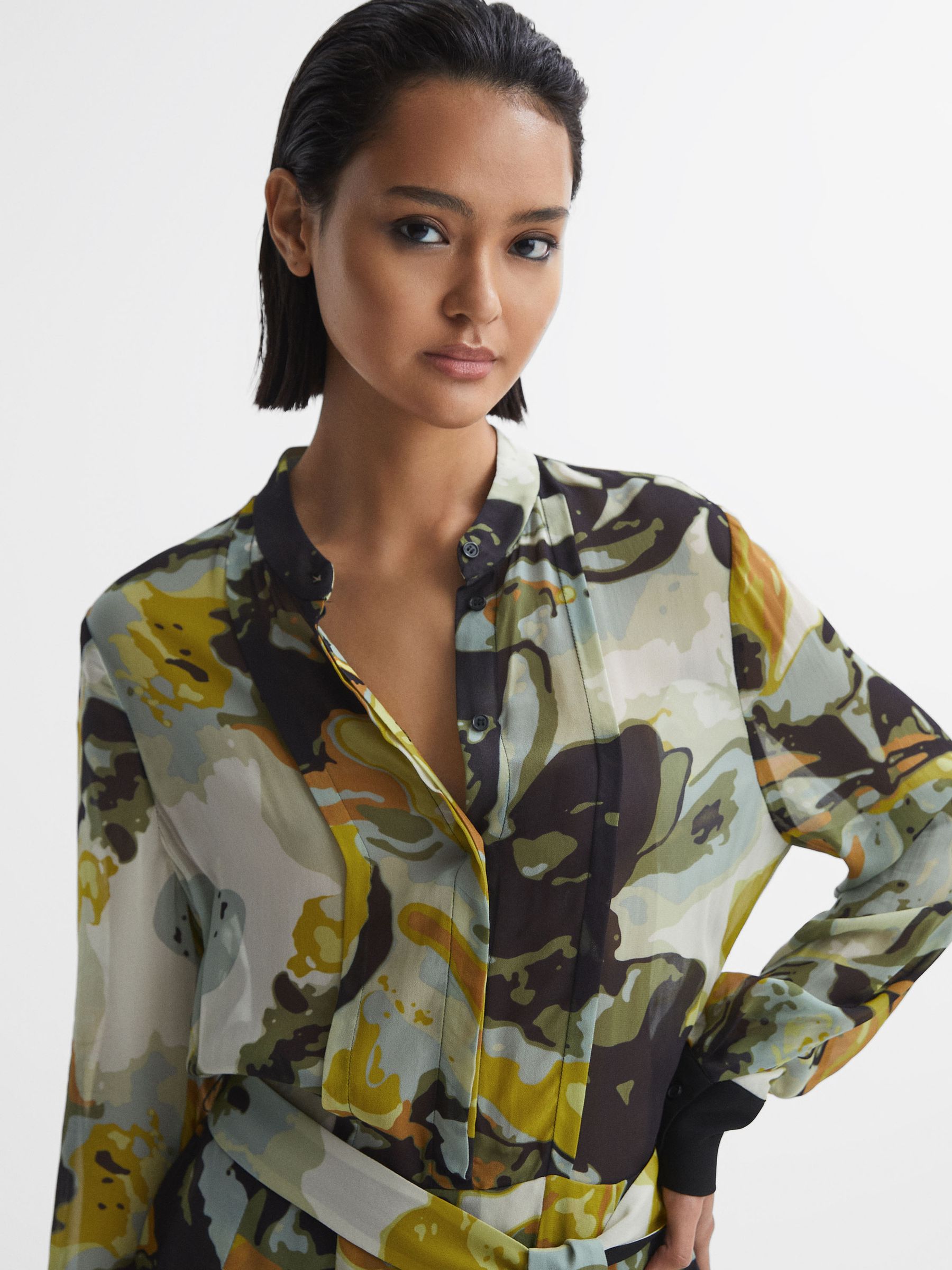 Floral Print Belted Mini Dress in Khaki - Image 4 of 5