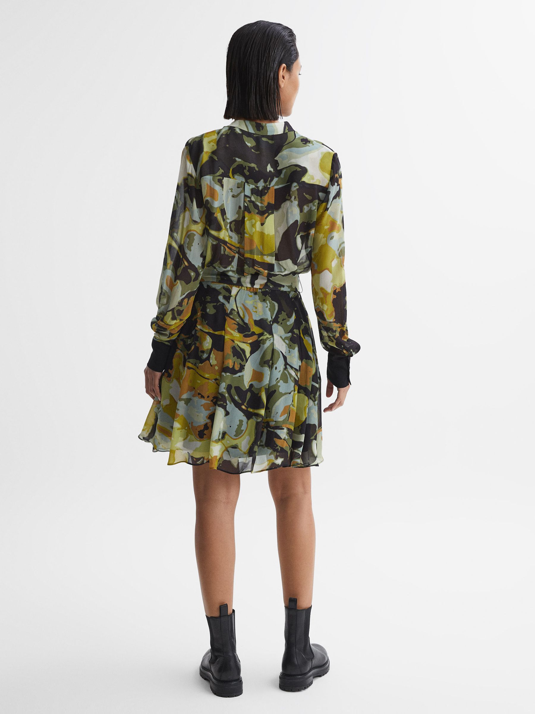 Reiss Floral Print Belted Mini Dress in Khaki | REISS