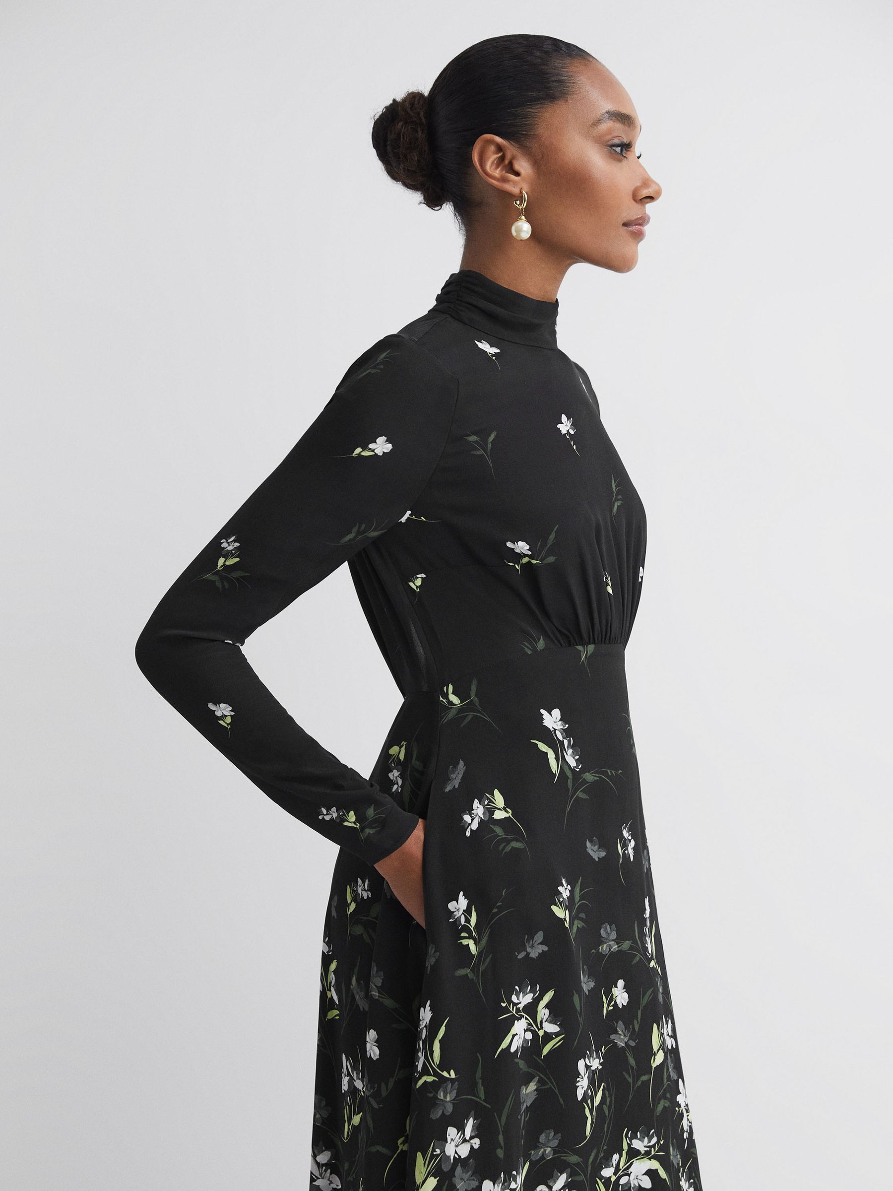 Florere Floral High Neck Midi Dress in Black - Image 3 of 6