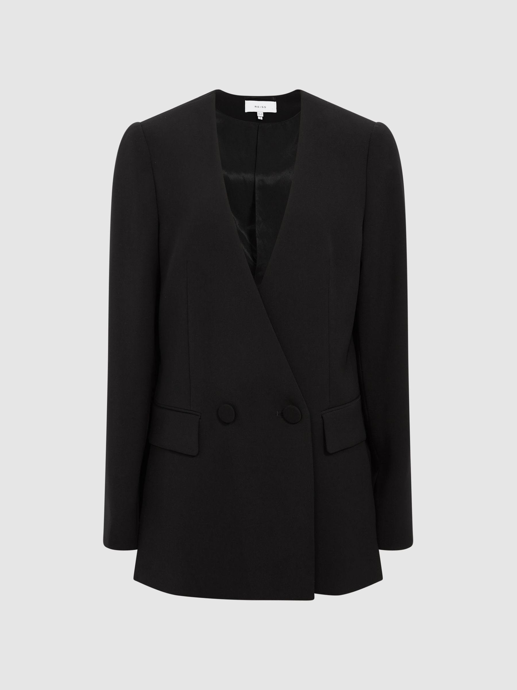 Collarless Double Breasted Suit Blazer in Black - Image 2 of 7