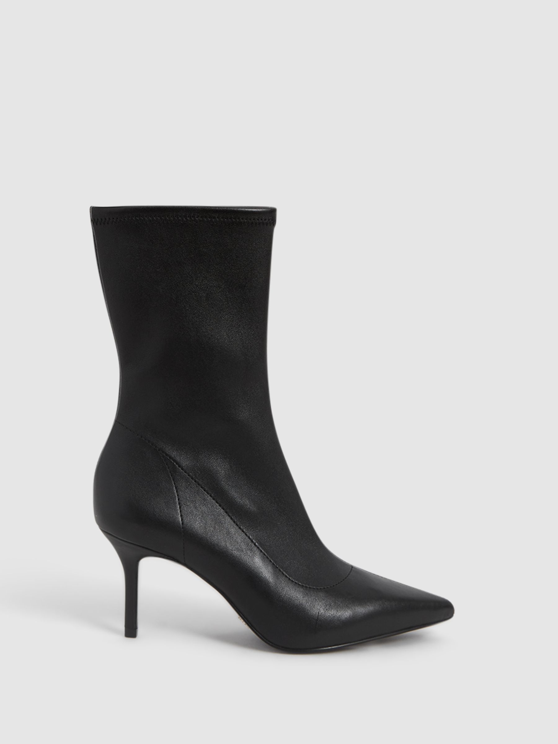 Pointed Kitten Heel Leather Boots in Black - Image 1 of 7