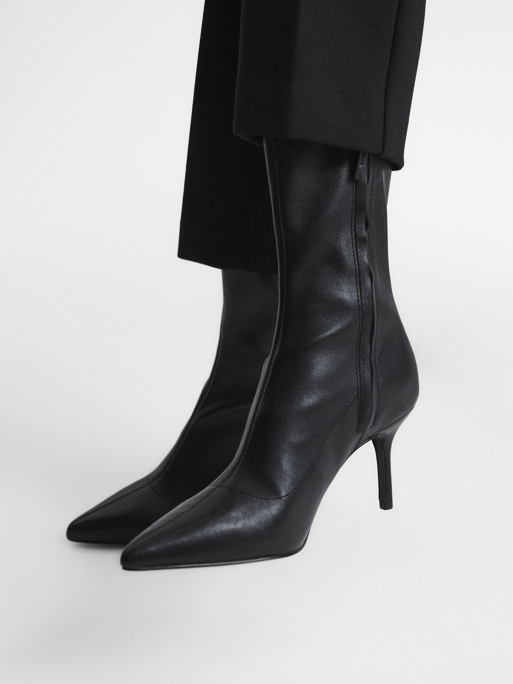 Pointed Kitten Heel Leather Boots in Black - Image 3 of 7