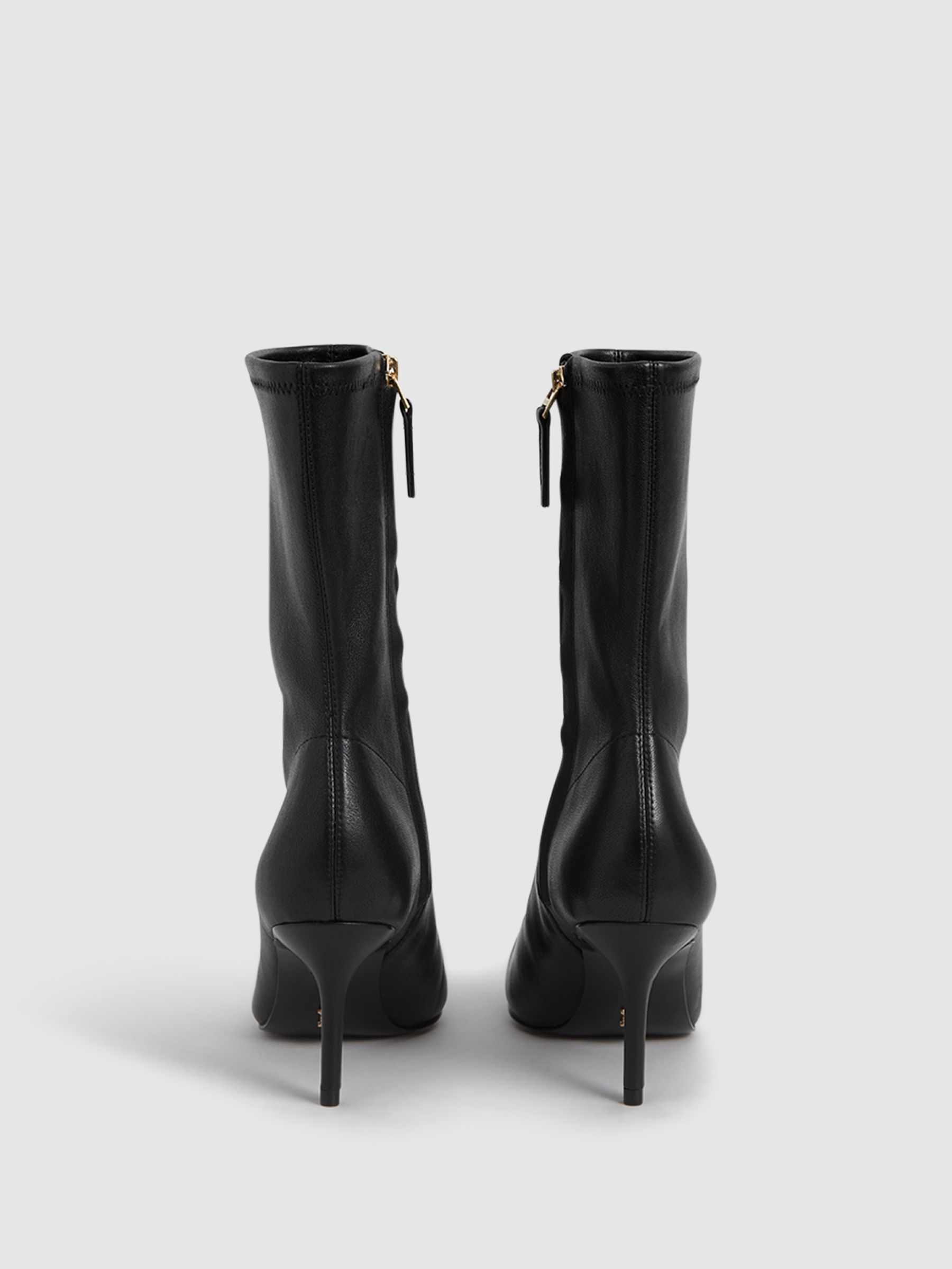 Pointed Kitten Heel Leather Boots in Black - Image 4 of 7