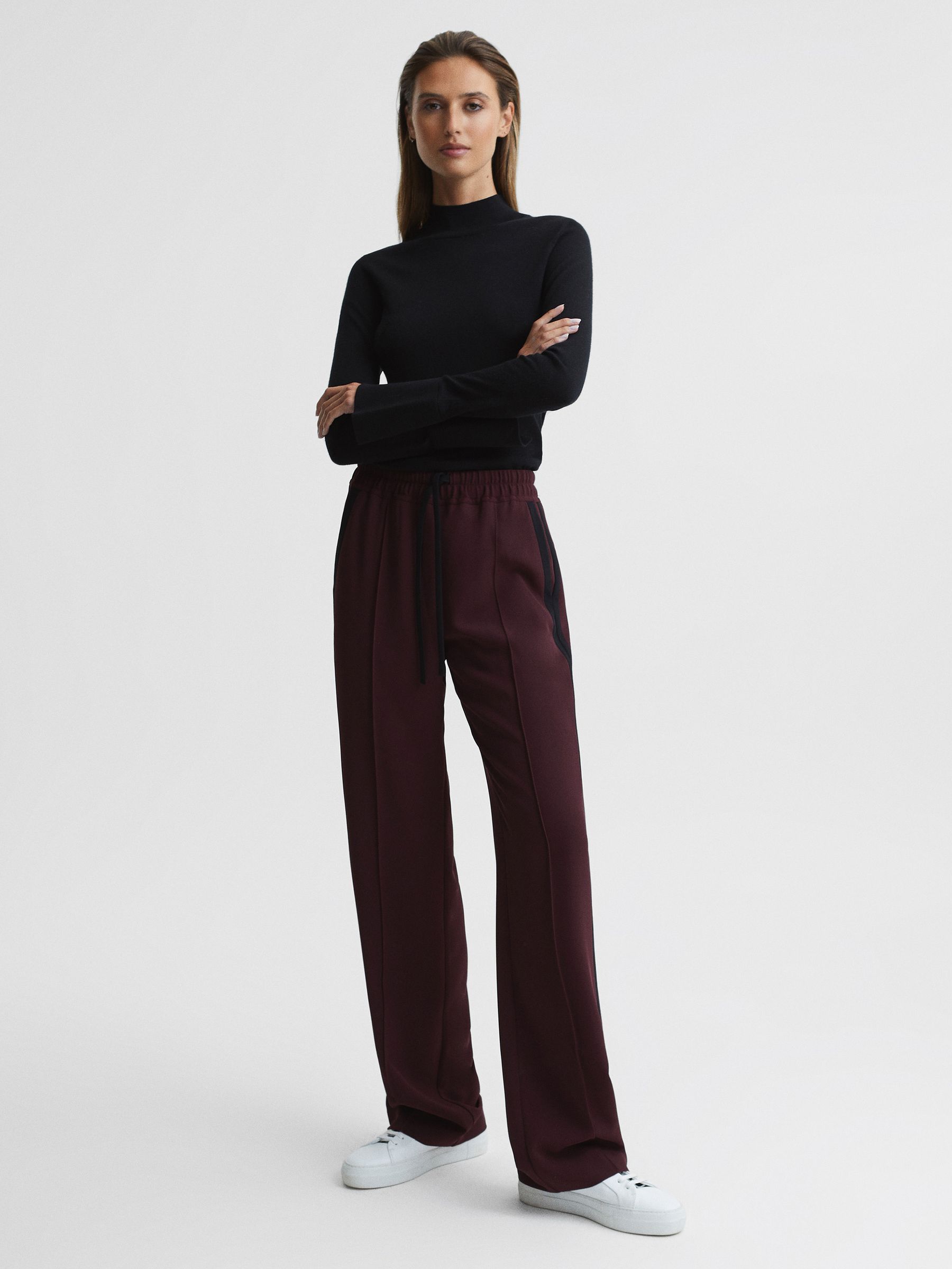 Wide Leg Side Stripe Trousers in Burgundy - Image 9 of 10