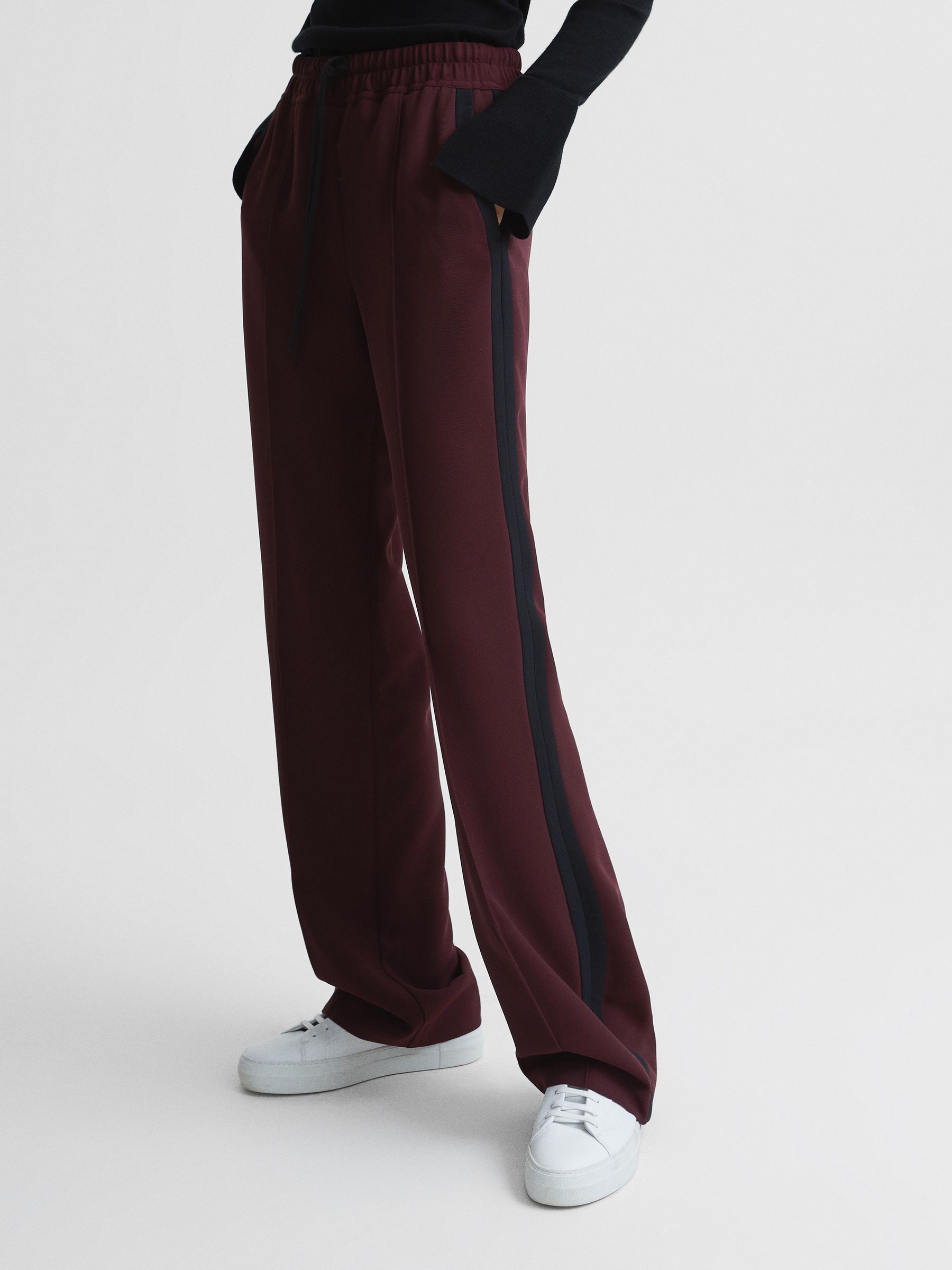 Wide Leg Side Stripe Trousers in Burgundy - Image 8 of 10