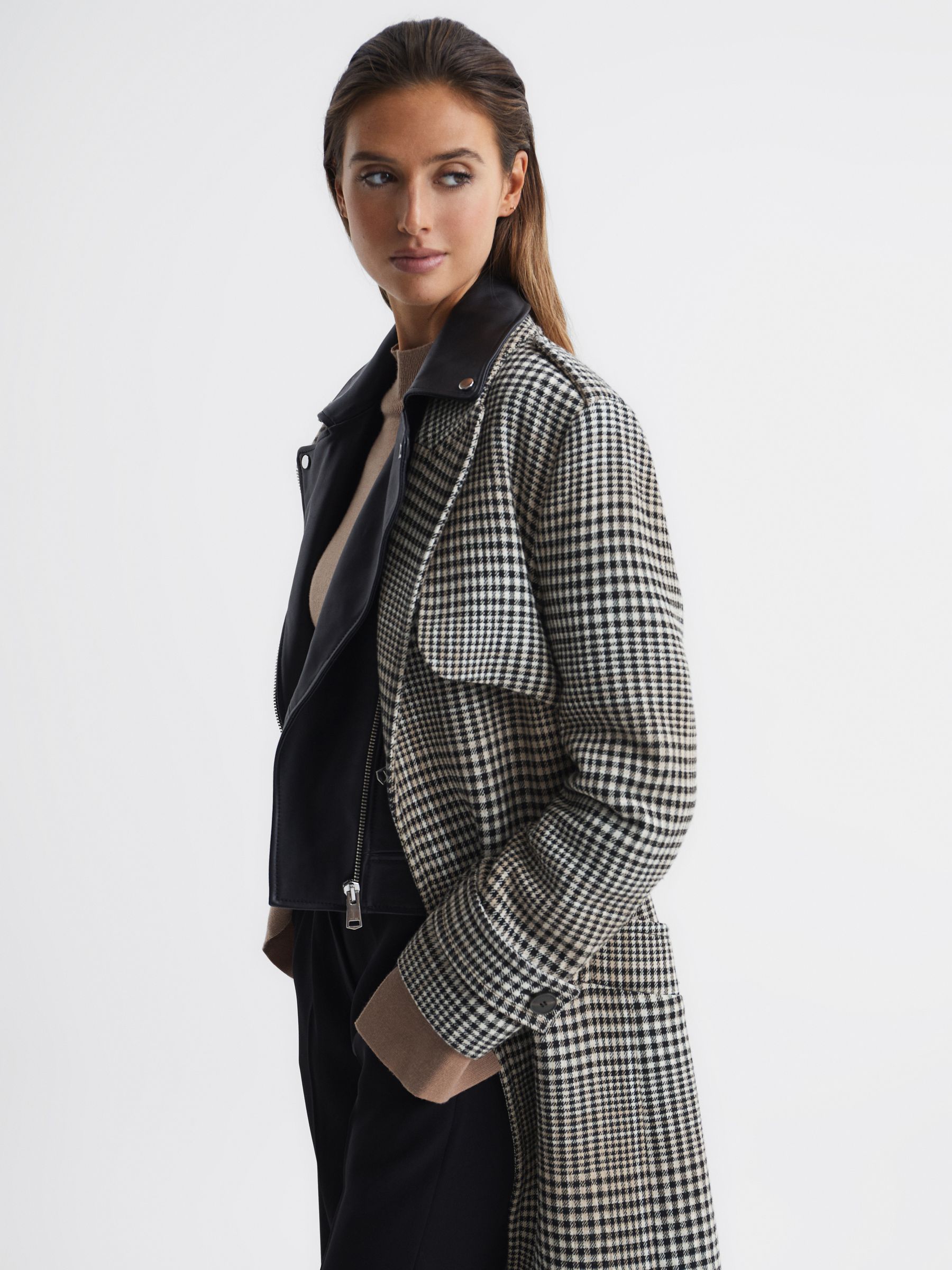Wool Blend Checked Trench Overcoat in Black/White - Image 6 of 8