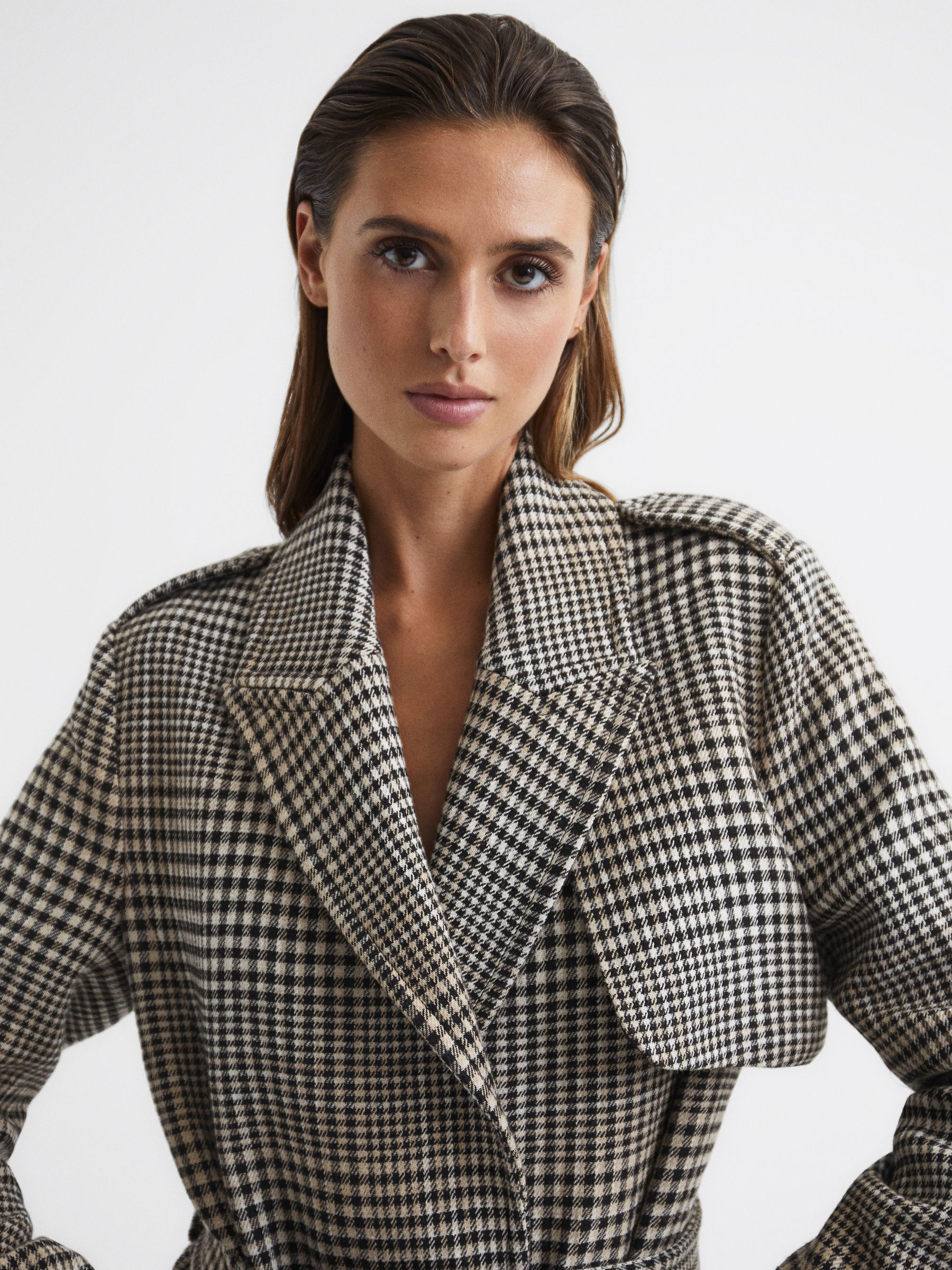 Wool Blend Checked Trench Overcoat in Black/White - Image 7 of 8