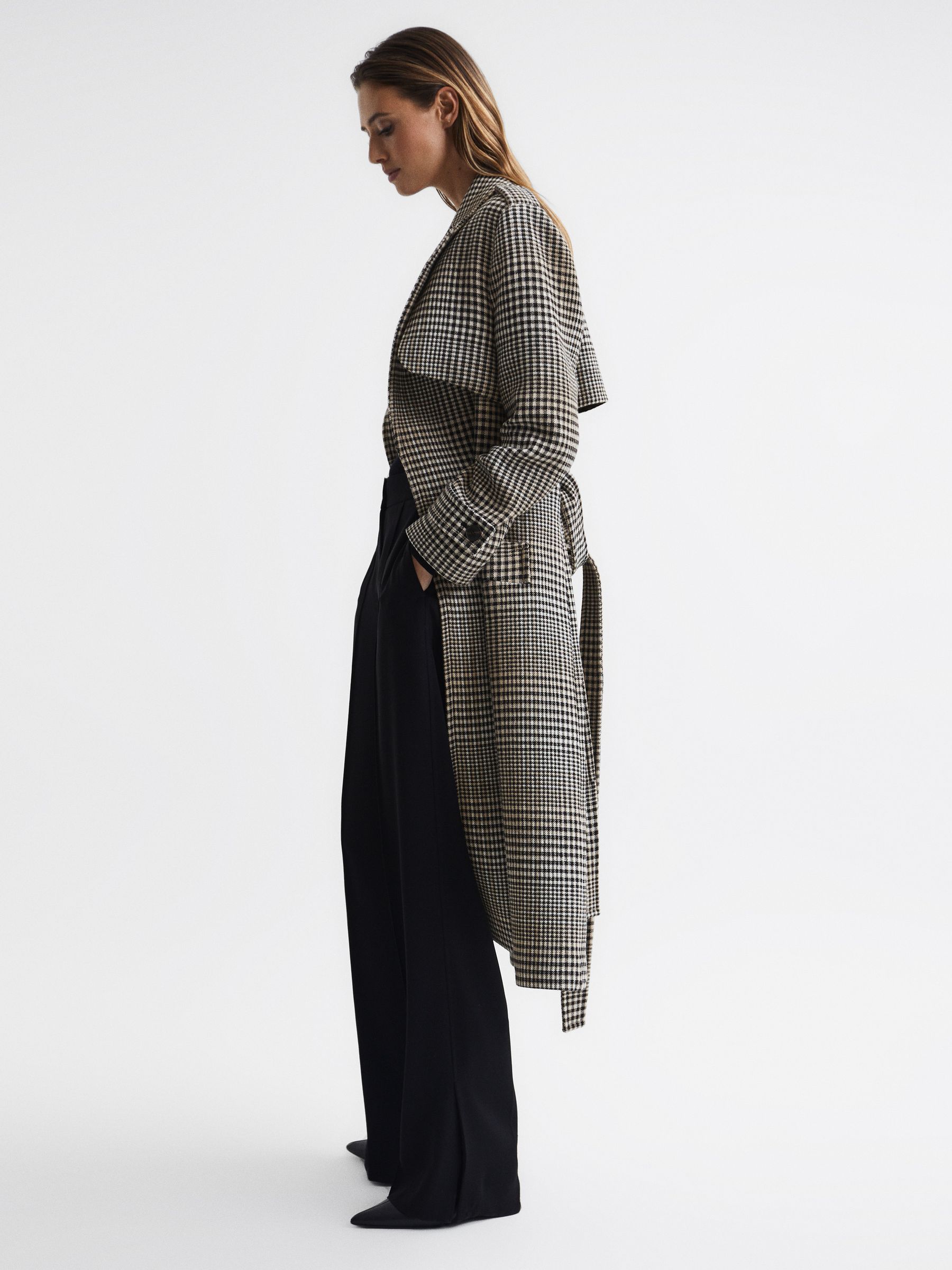 Wool Blend Checked Trench Overcoat in Black/White - Image 8 of 8