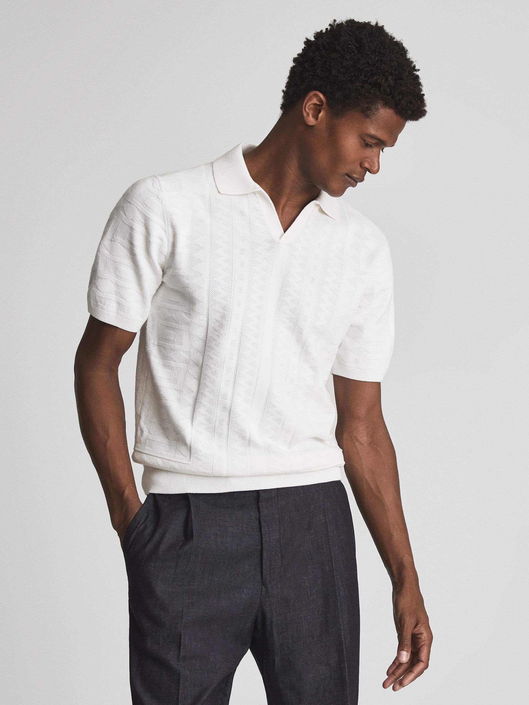 Open Collar Stitch Interest Polo in White - Image 1 of 1 Open Collar Stitch Interest Polo in White - Image 1 of 1