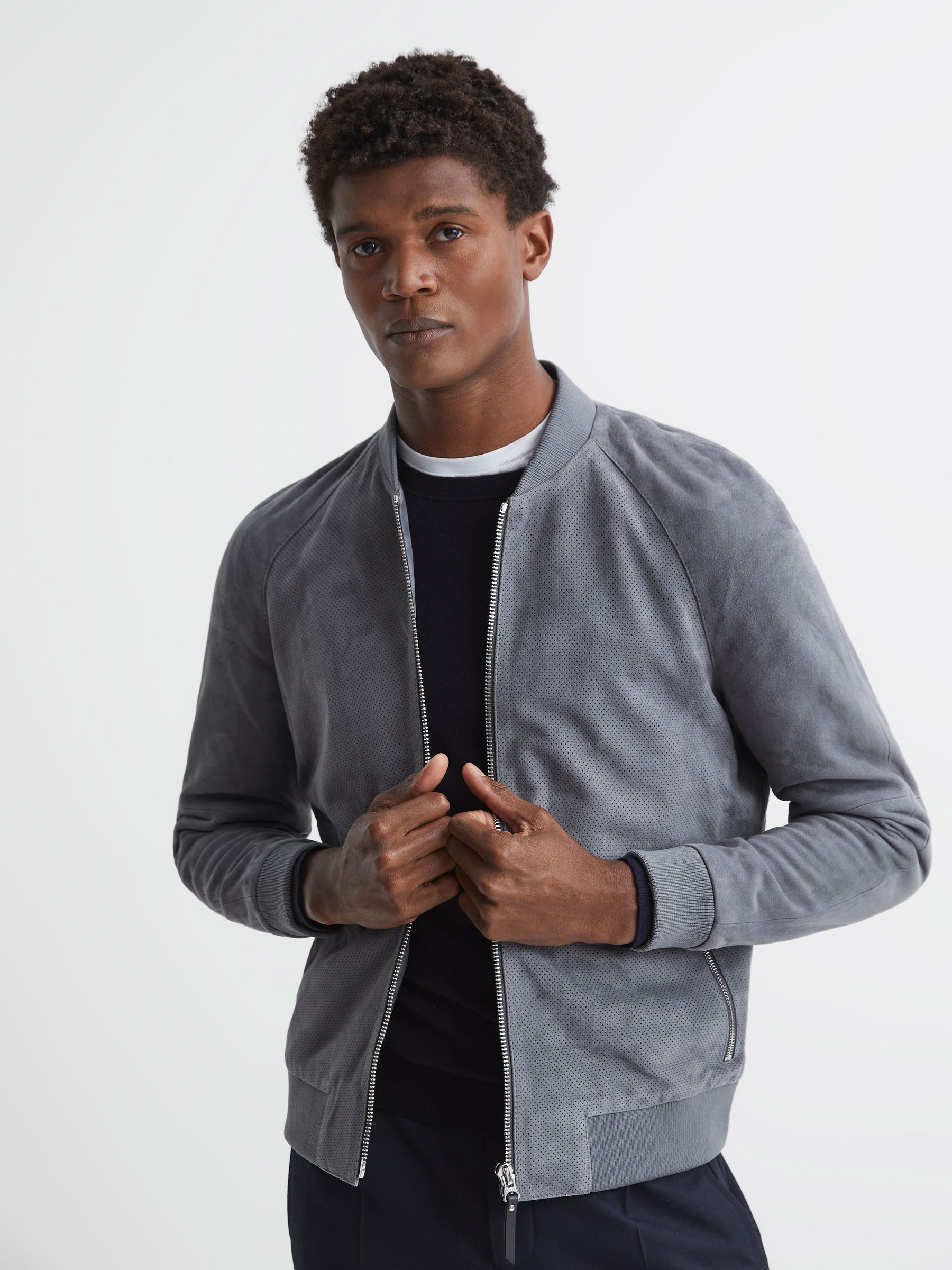 Suede Zip Through Perforated Bomber Jacket in Soft Blue - Image 1 of 6