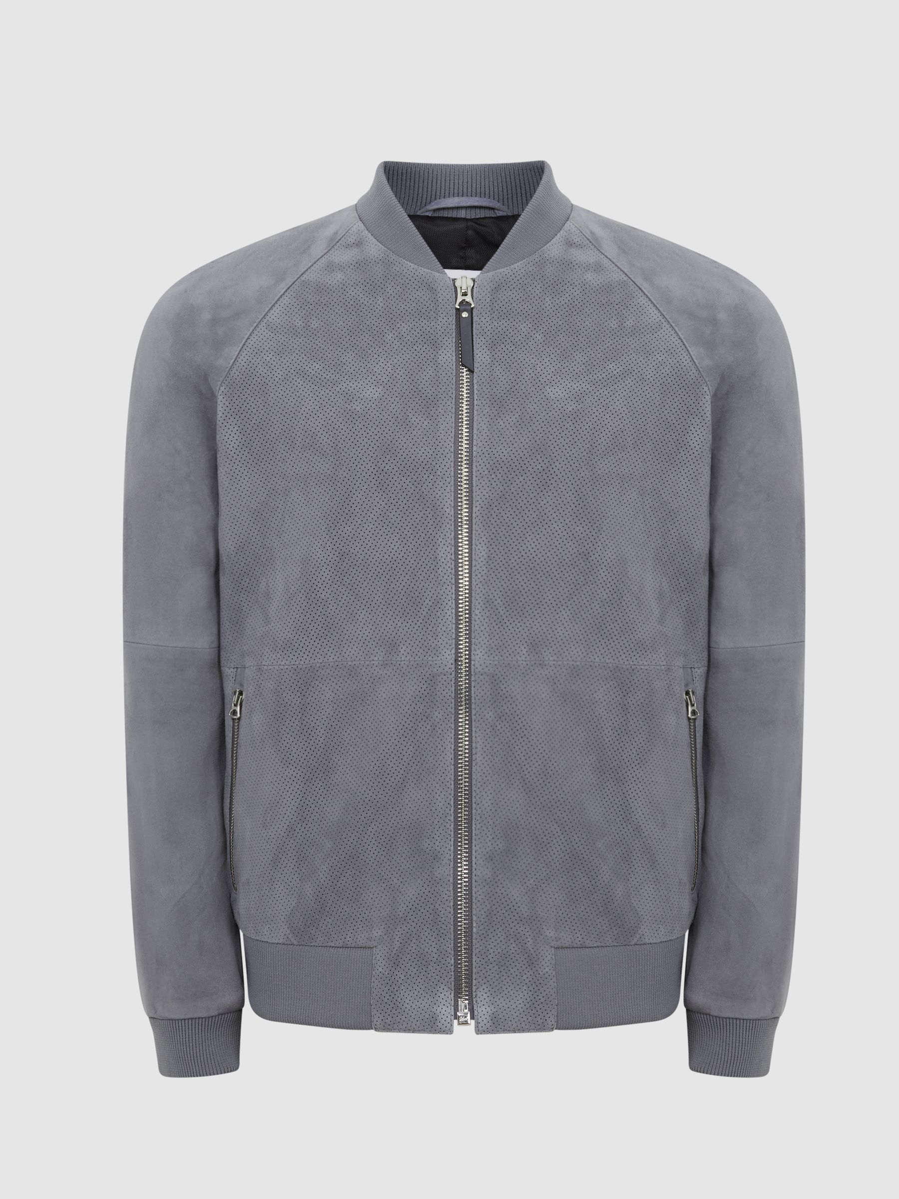 Suede Zip Through Perforated Bomber Jacket in Soft Blue - Image 2 of 6