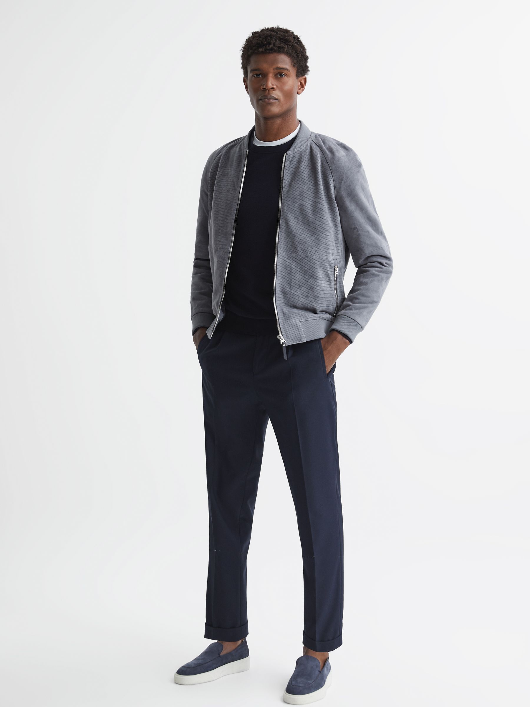 Suede Zip Through Perforated Bomber Jacket in Soft Blue - Image 3 of 6