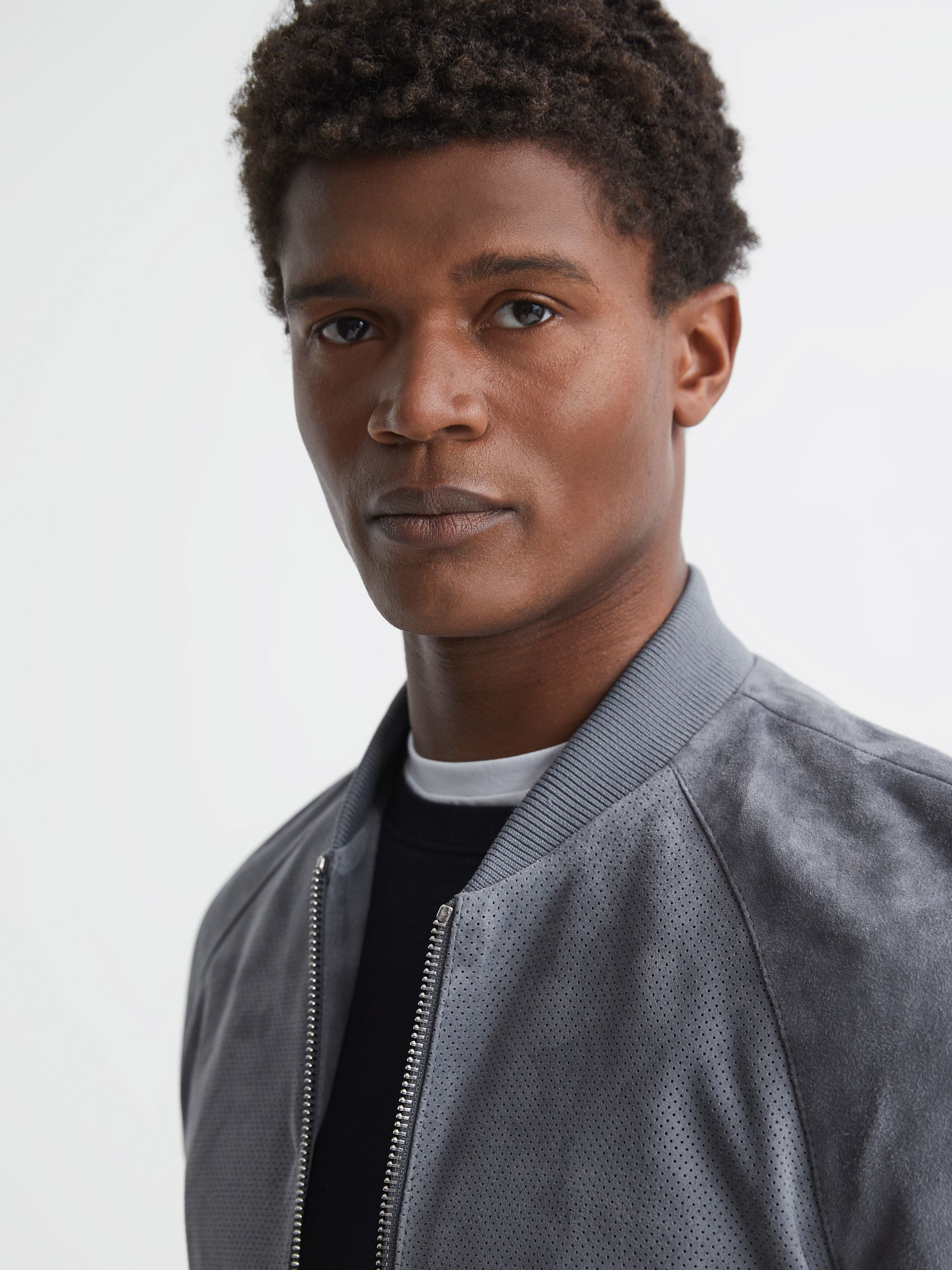 Suede Zip Through Perforated Bomber Jacket in Soft Blue - Image 4 of 6