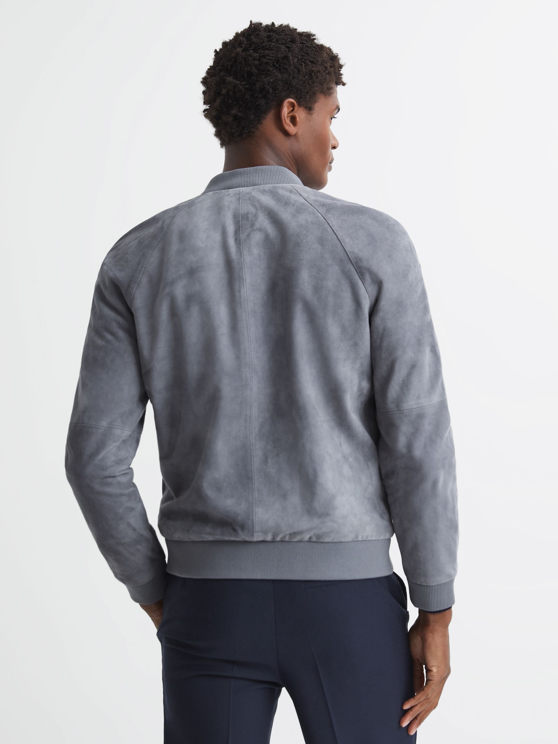 Suede Zip Through Perforated Bomber Jacket in Soft Blue - Image 5 of 6