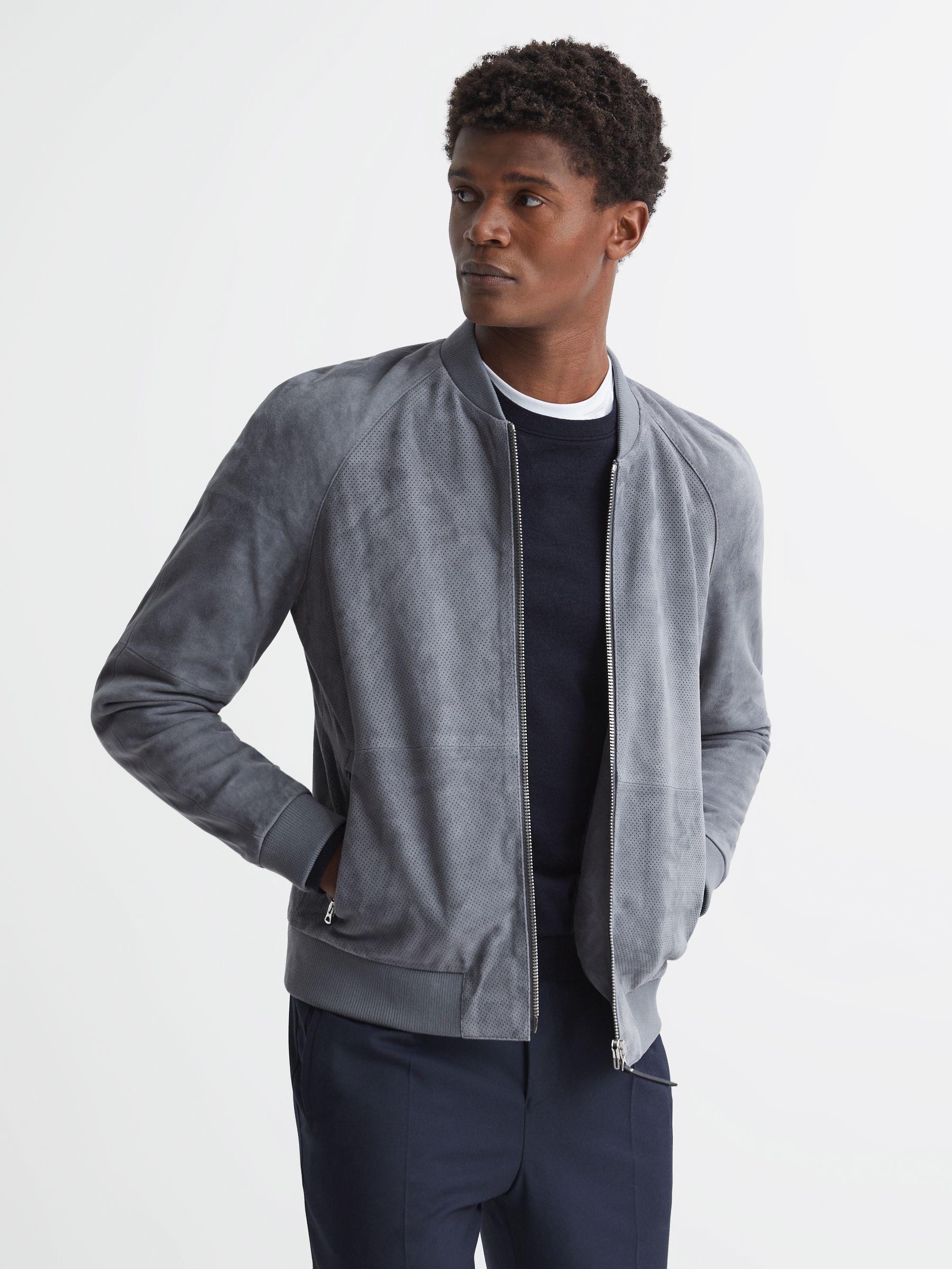 Suede Zip Through Perforated Bomber Jacket in Soft Blue - Image 6 of 6