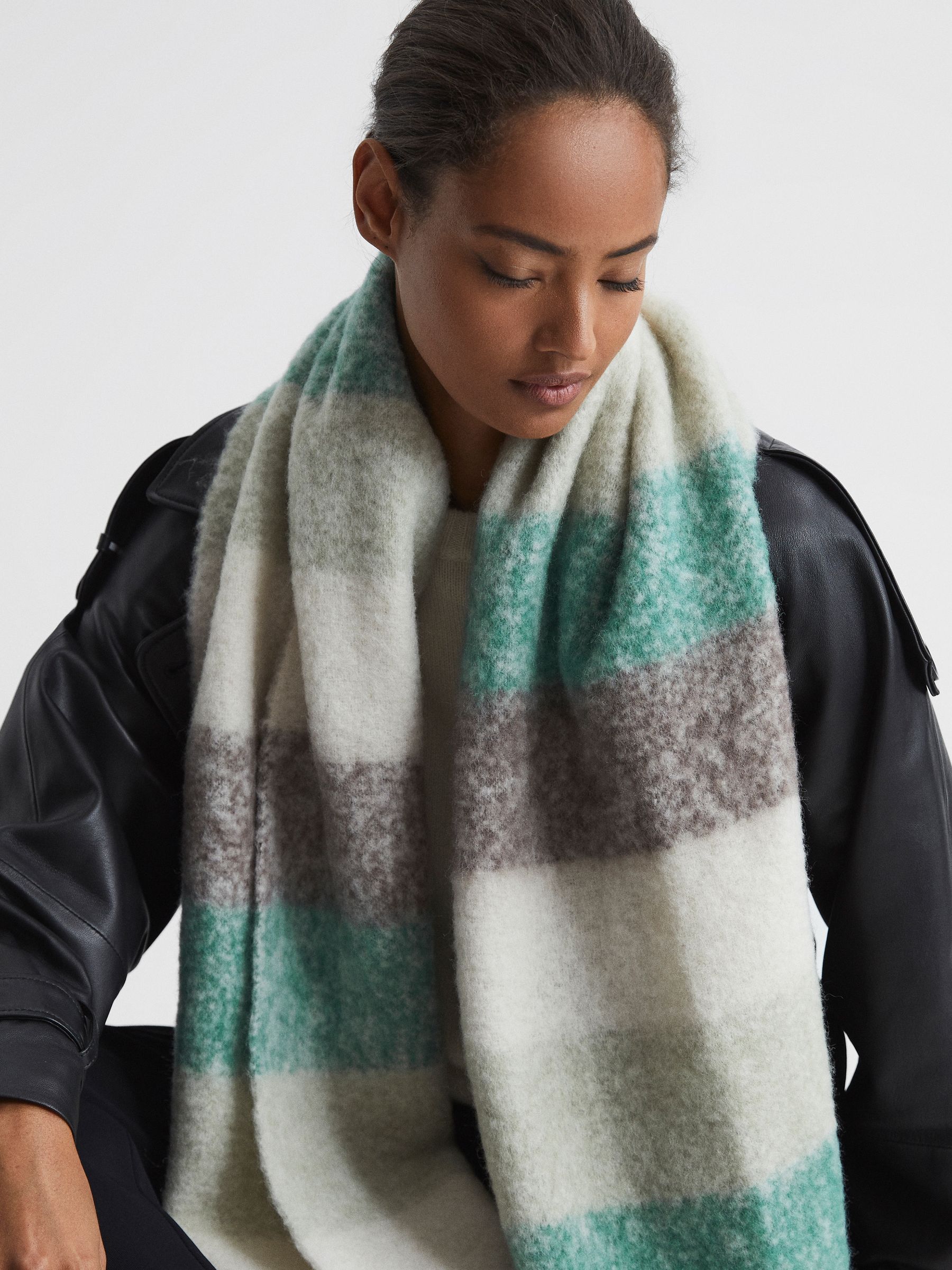 Oversized Check Wool Blend Scarf in Sage - Image 2 of 3