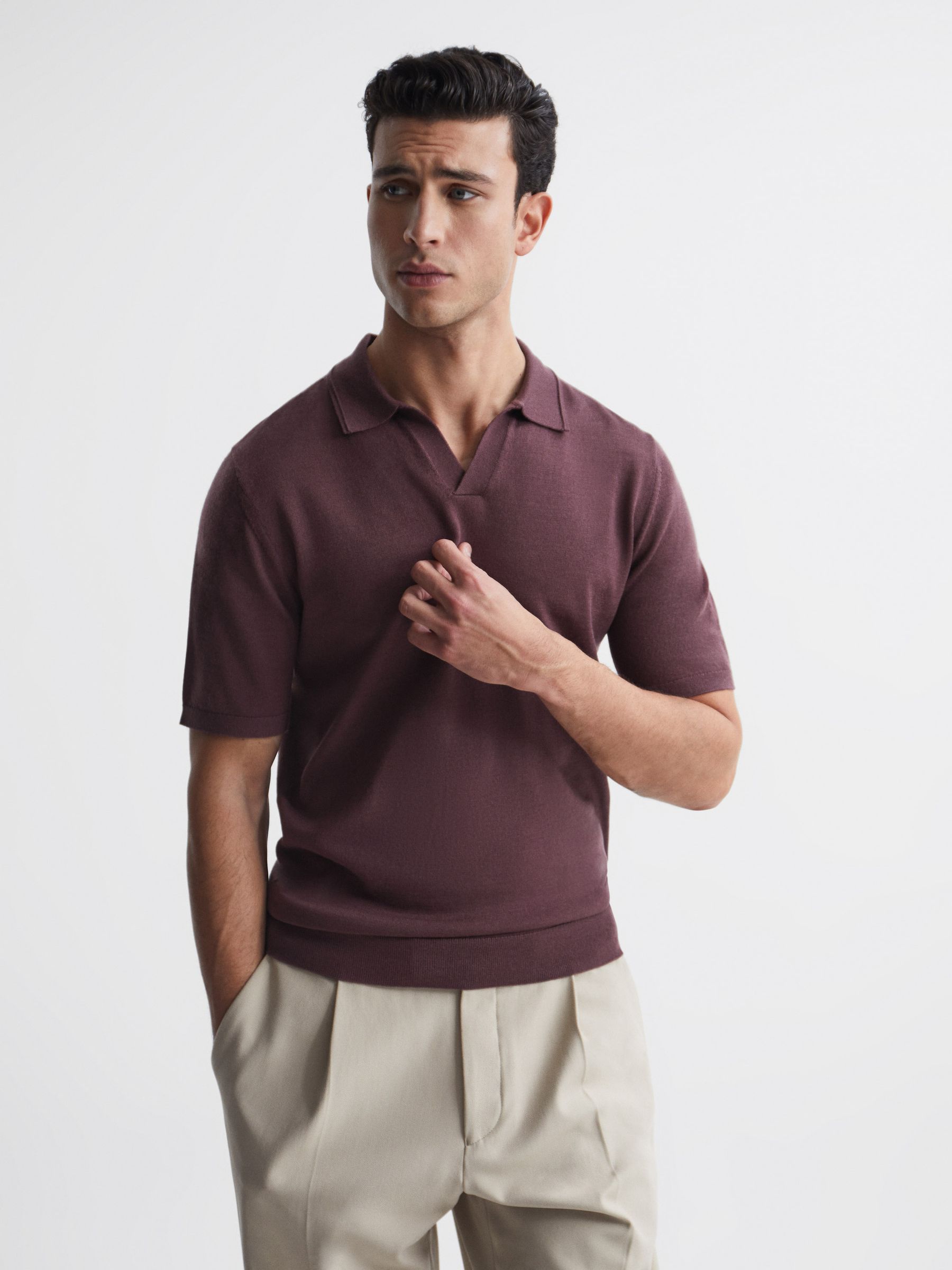 Merino Wool Open Collar Polo Shirt in Mahogany - Image 1 of 6 Merino Wool Open Collar Polo Shirt in Mahogany - Image 1 of 6