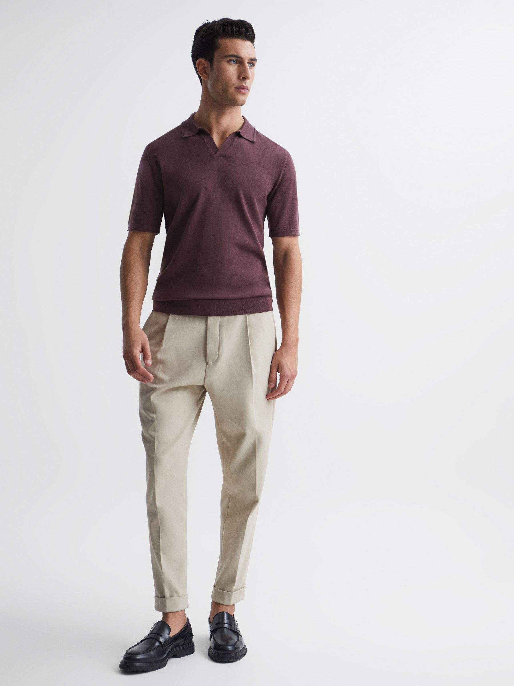 Merino Wool Open Collar Polo Shirt in Mahogany - Image 3 of 6