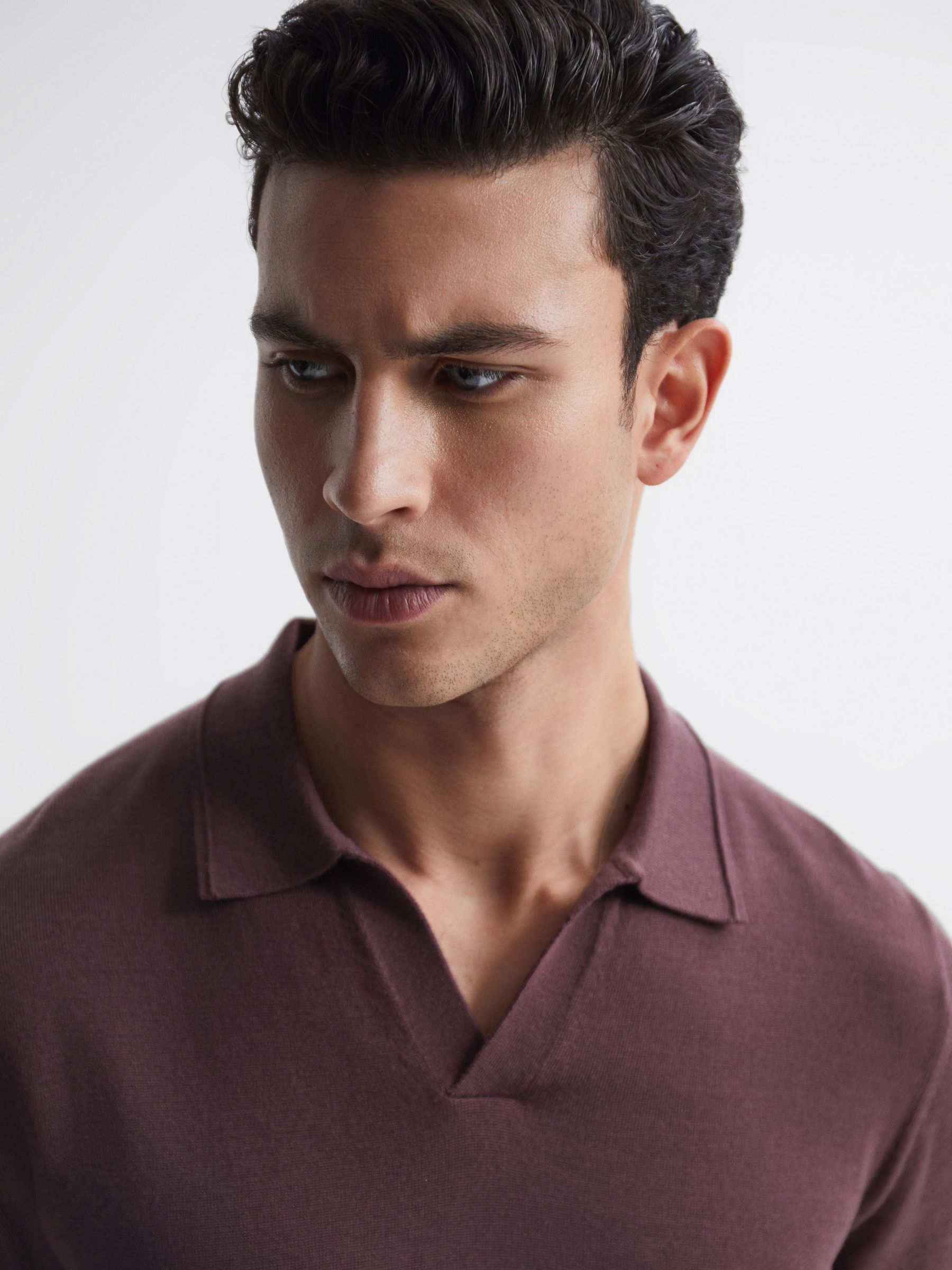 Merino Wool Open Collar Polo Shirt in Mahogany - Image 4 of 6