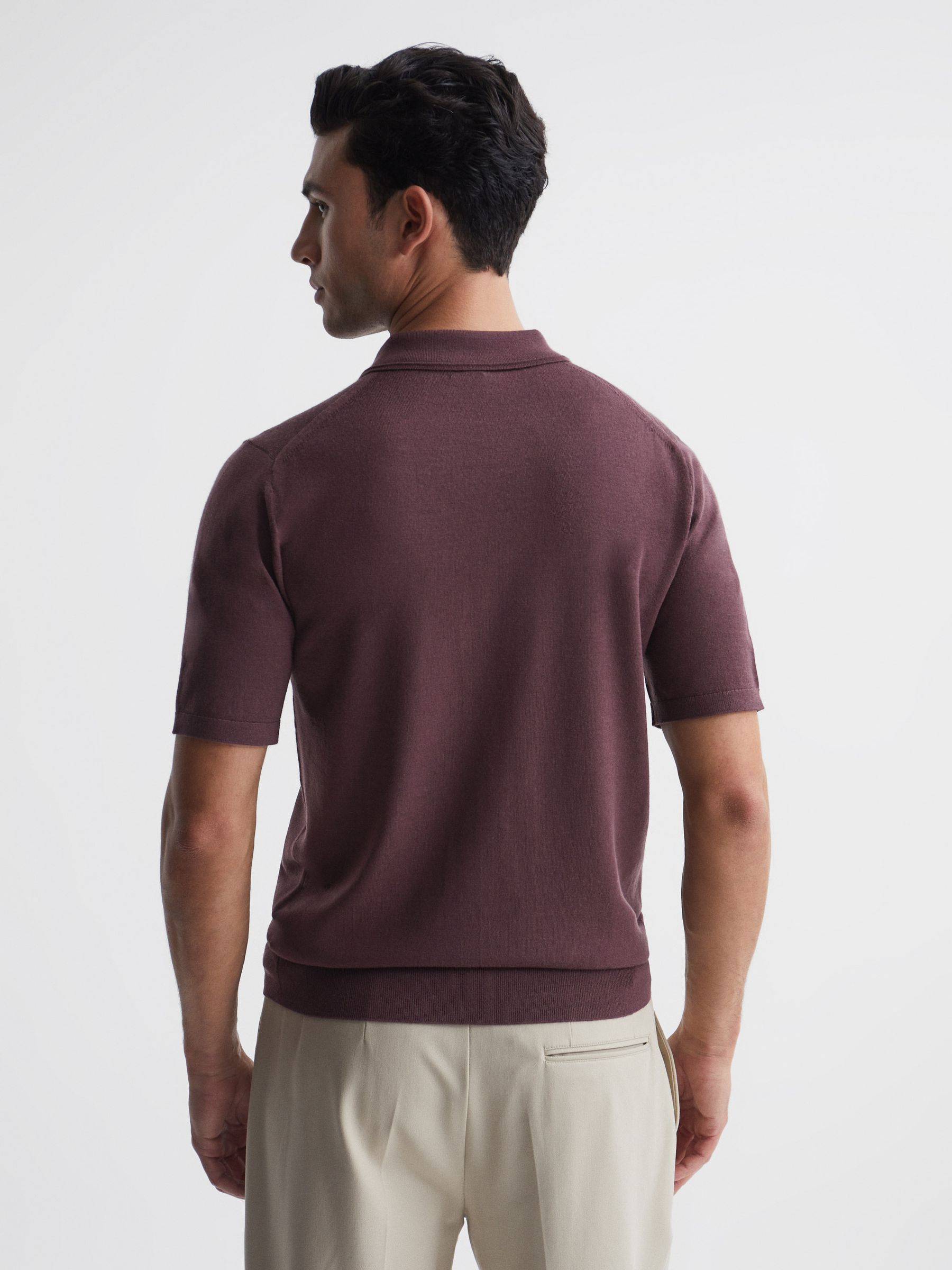 Merino Wool Open Collar Polo Shirt in Mahogany - Image 5 of 6
