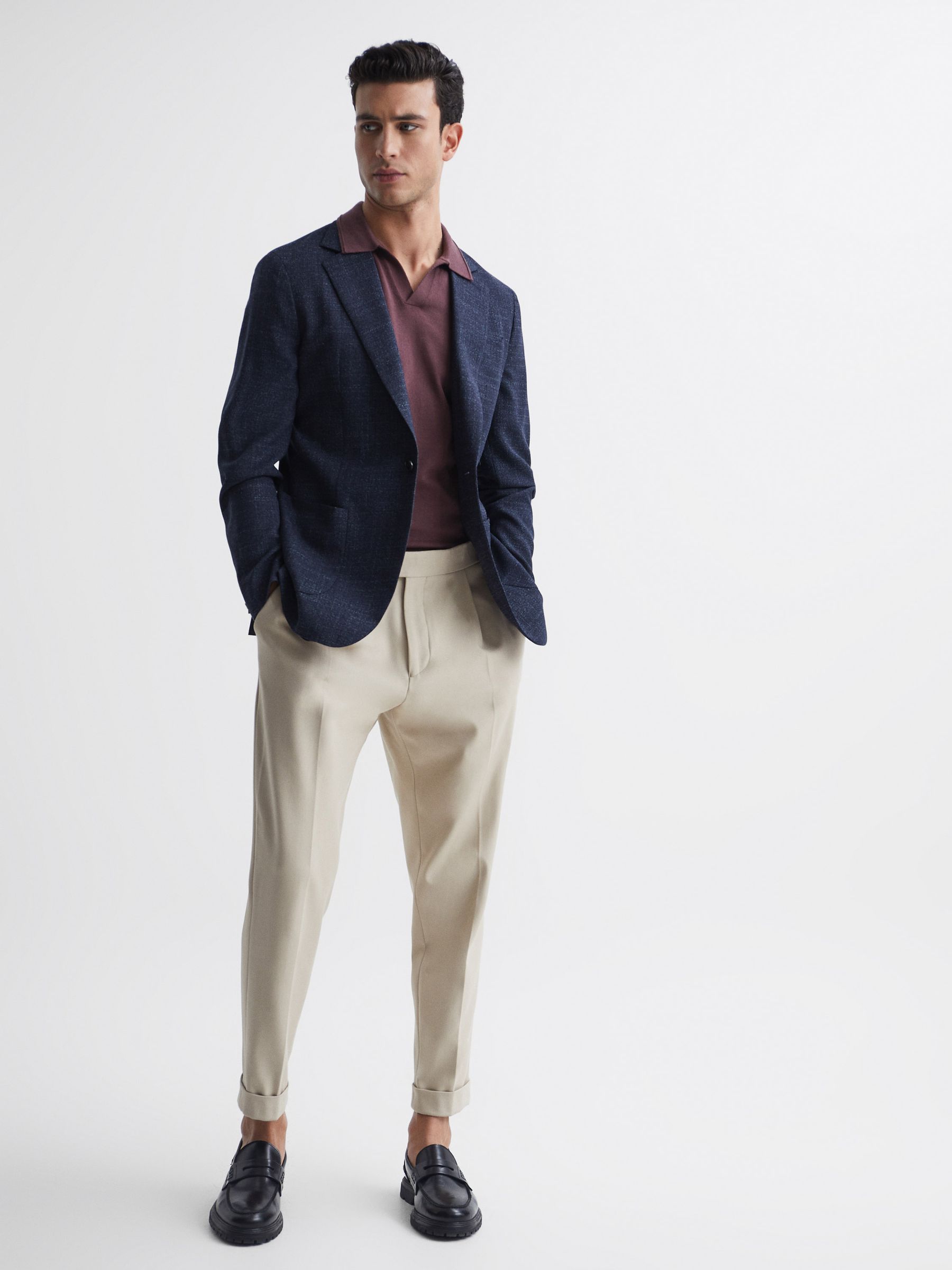 Merino Wool Open Collar Polo Shirt in Mahogany - Image 6 of 6