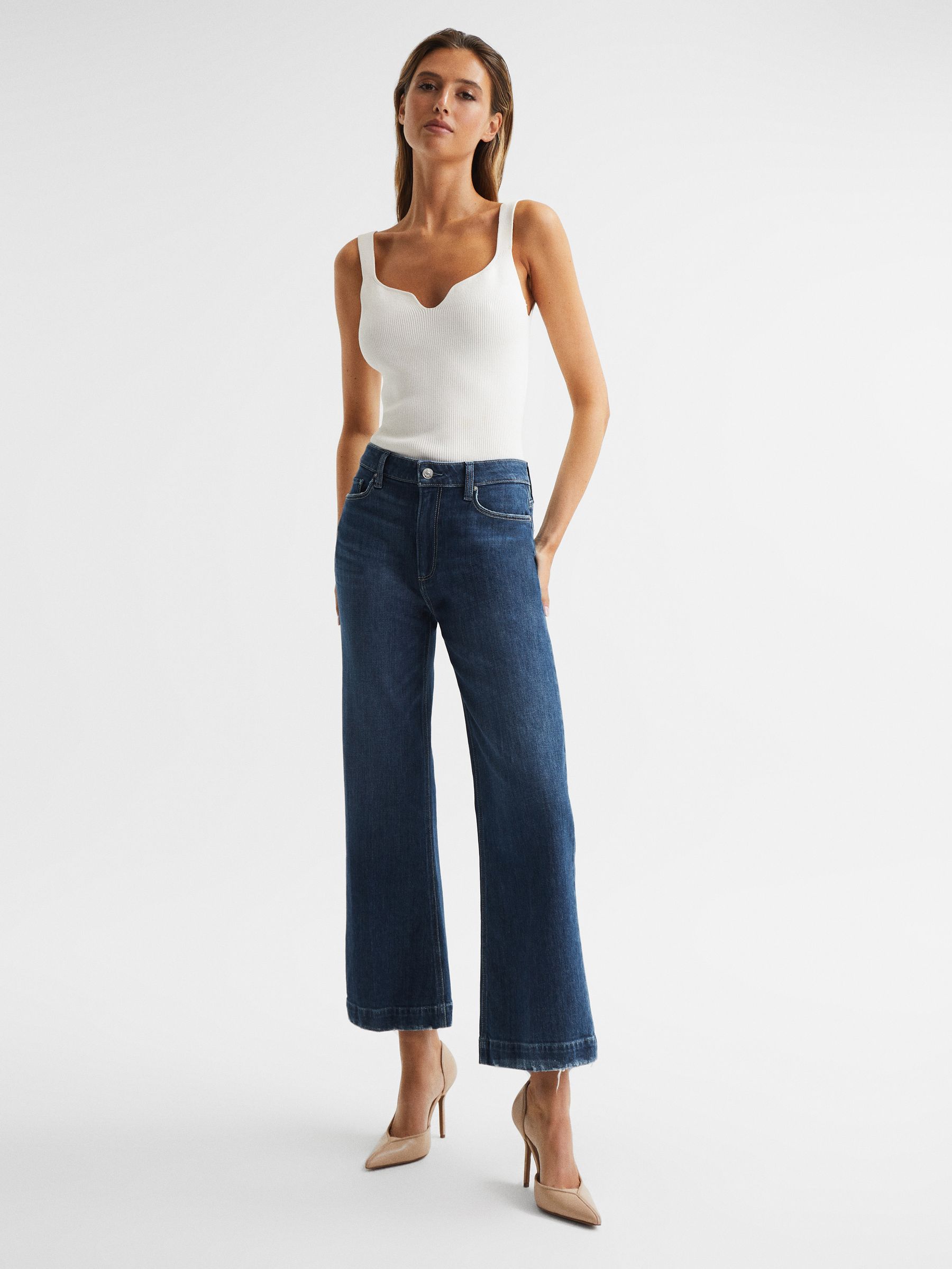 PAIGE High Rise Crop Flared Jeans in Dark Blue - Image 3 of 8