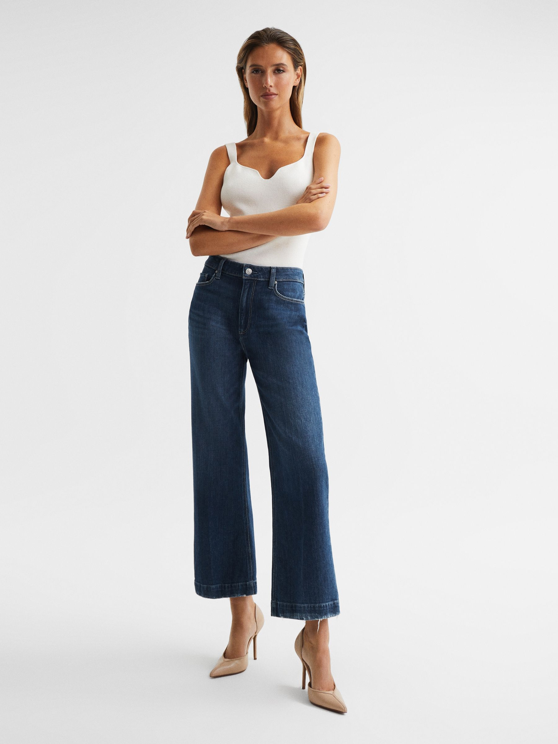 PAIGE High Rise Crop Flared Jeans in Dark Blue - Image 7 of 8