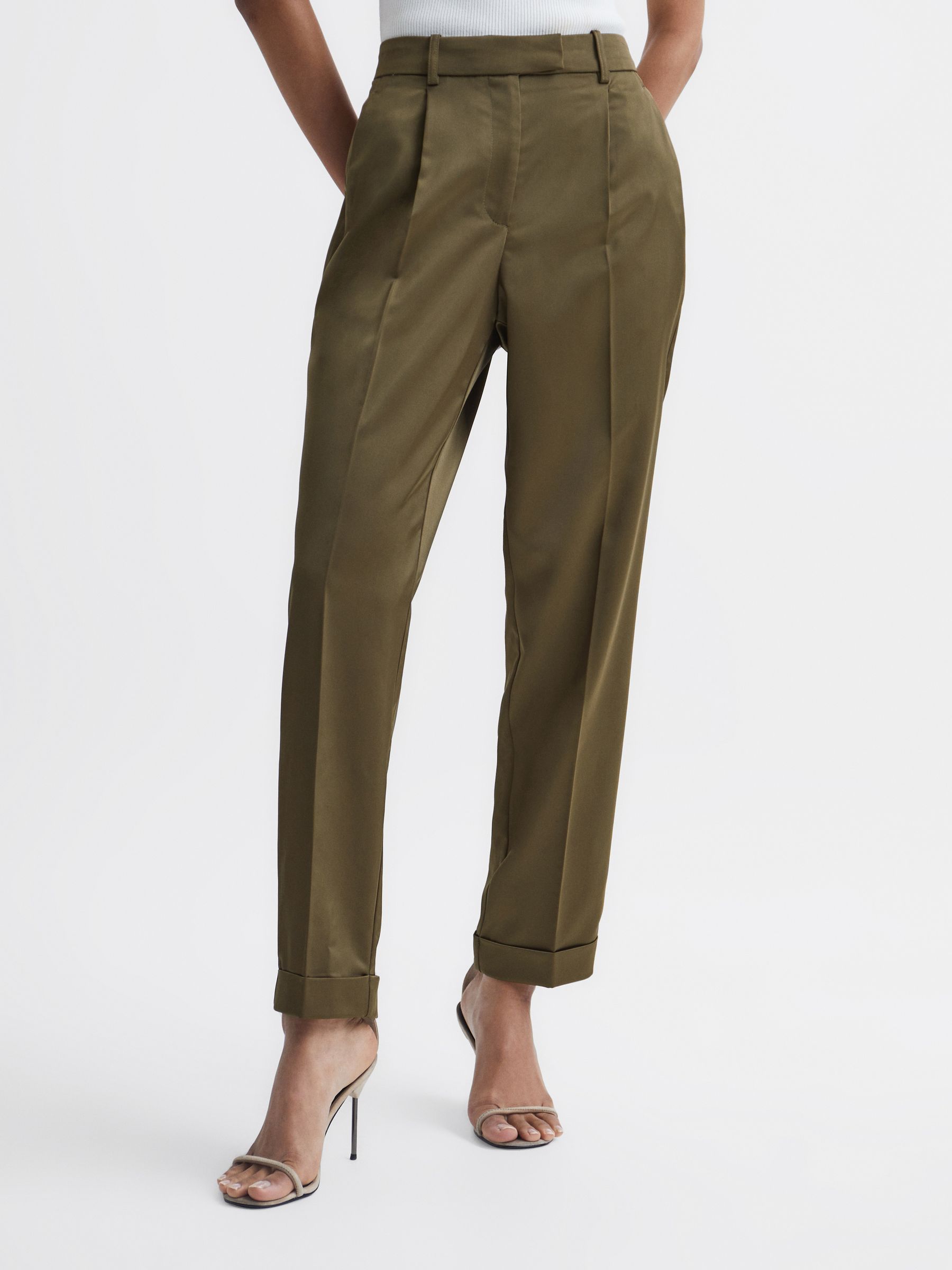 Satin Taper Trousers in Green - Image 1 of 7 Satin Taper Trousers in Green - Image 1 of 7