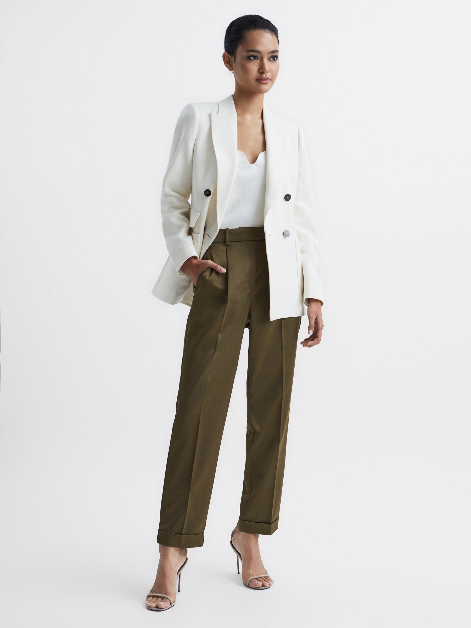 Reiss Satin Taper Trousers in Green | REISS