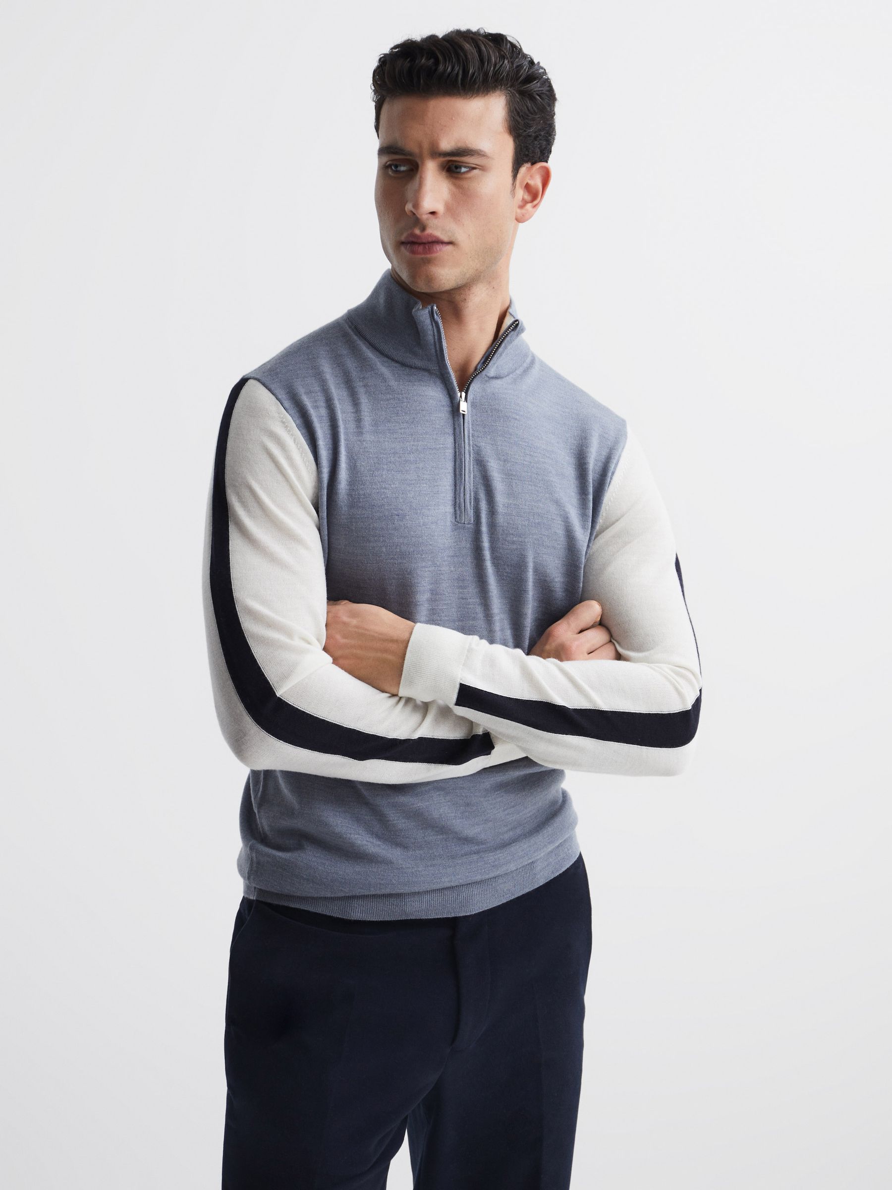 Wool Colourblock Zip Neck Polo in Airforce Blue - Image 1 of 7