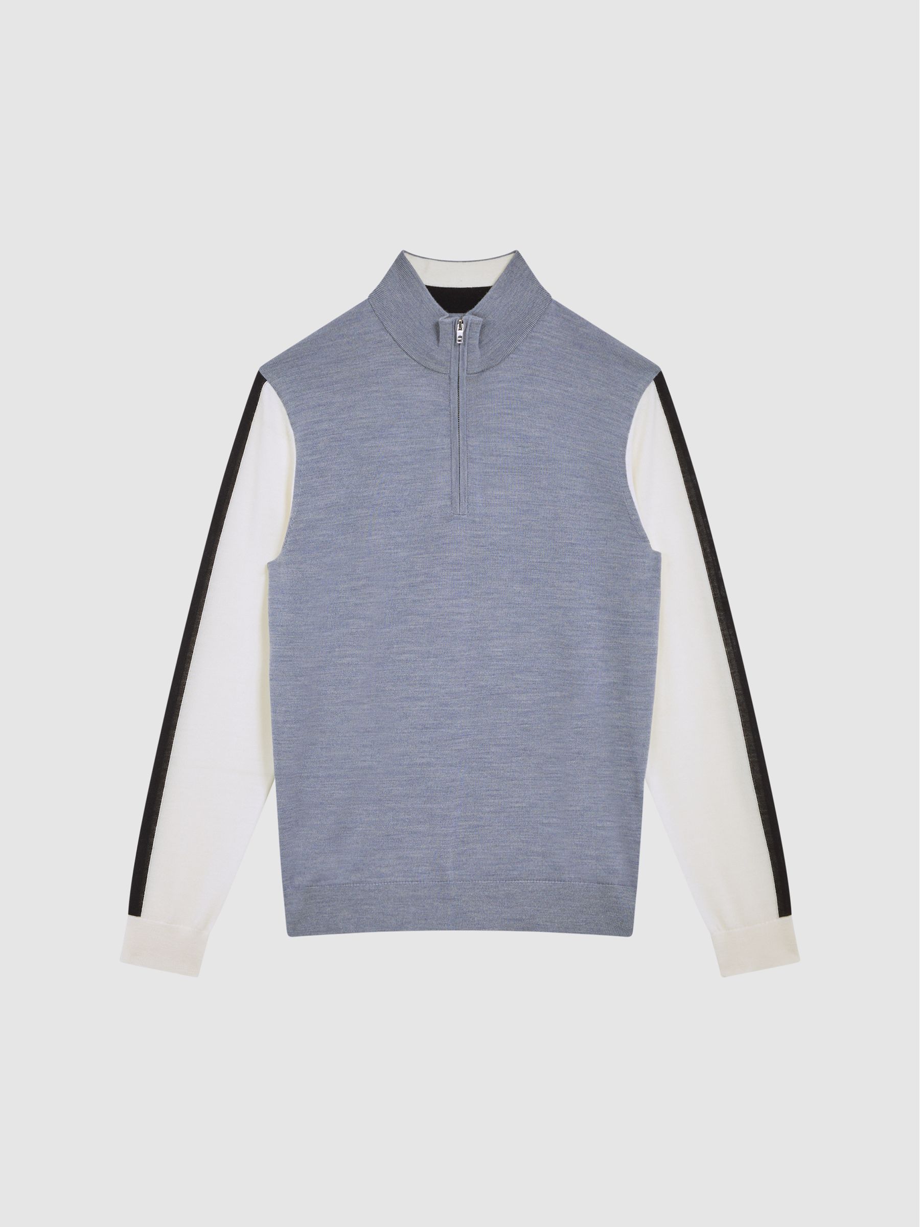 Wool Colourblock Zip Neck Polo in Airforce Blue - Image 2 of 7