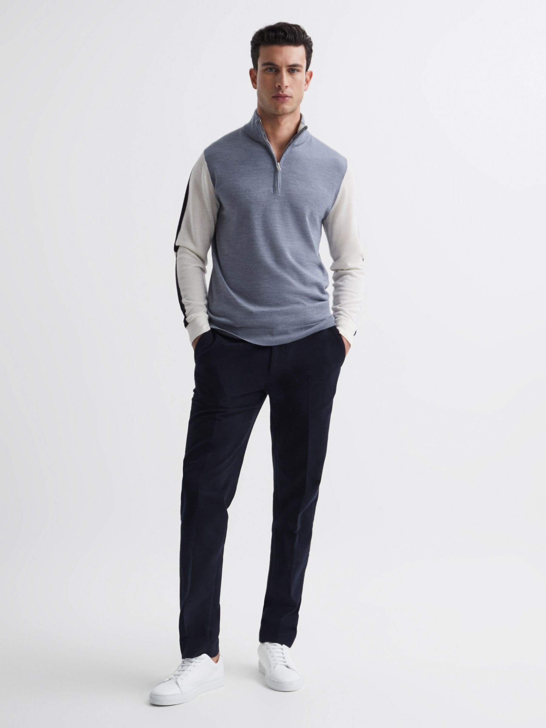 Wool Colourblock Zip Neck Polo in Airforce Blue - Image 3 of 7