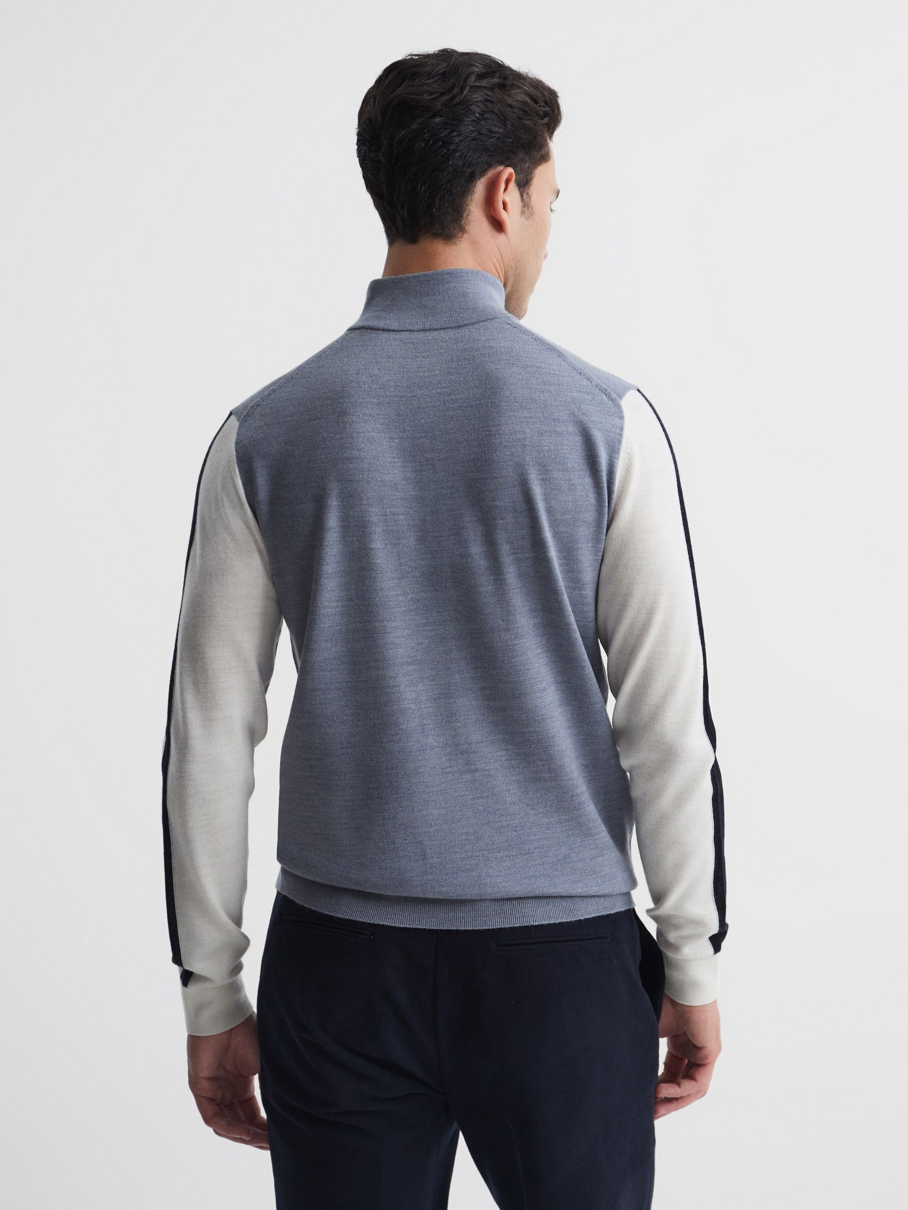 Wool Colourblock Zip Neck Polo in Airforce Blue - Image 4 of 7