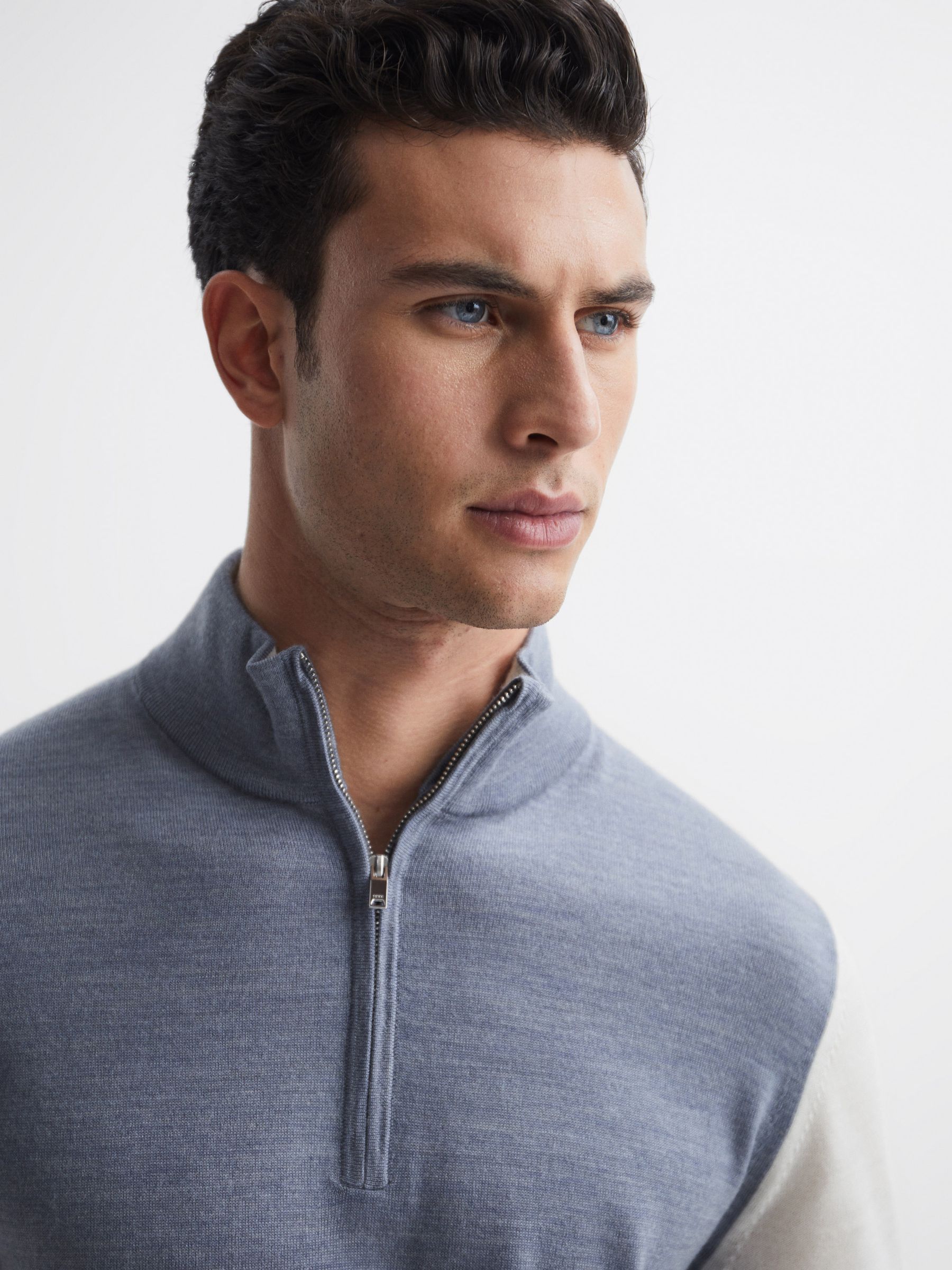 Wool Colourblock Zip Neck Polo in Airforce Blue - Image 5 of 7