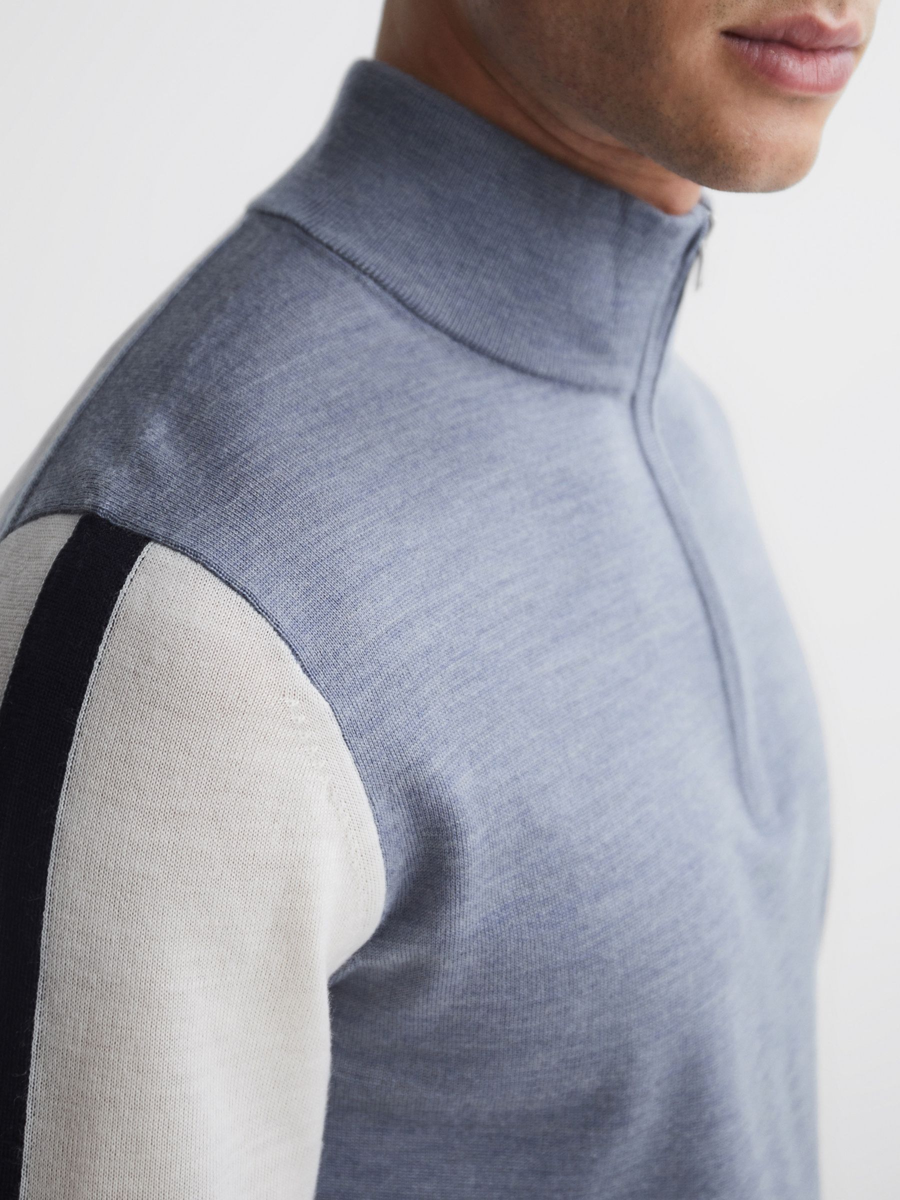 Wool Colourblock Zip Neck Polo in Airforce Blue - Image 6 of 7
