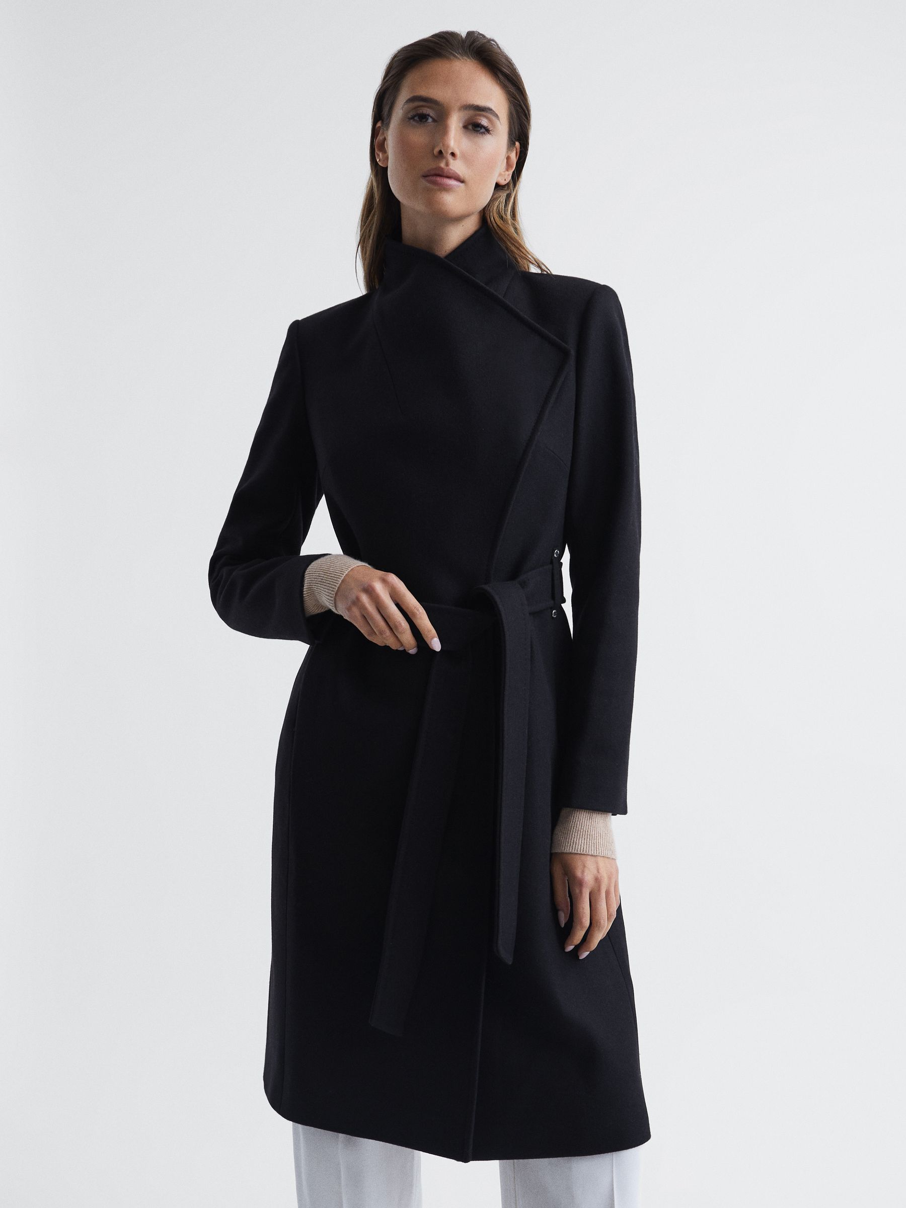 Cashmere Wool Blend Wrap Collar Belted Coat in Black - Image 1 of 7