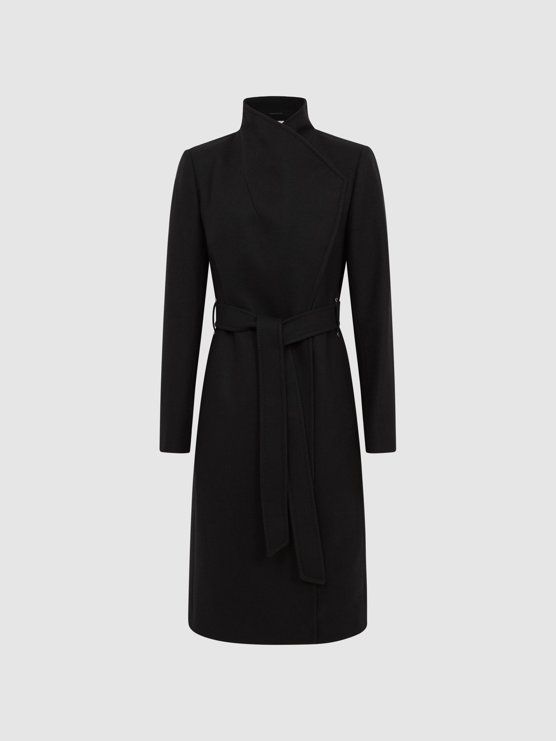 Cashmere Wool Blend Wrap Collar Belted Coat in Black - Image 2 of 7