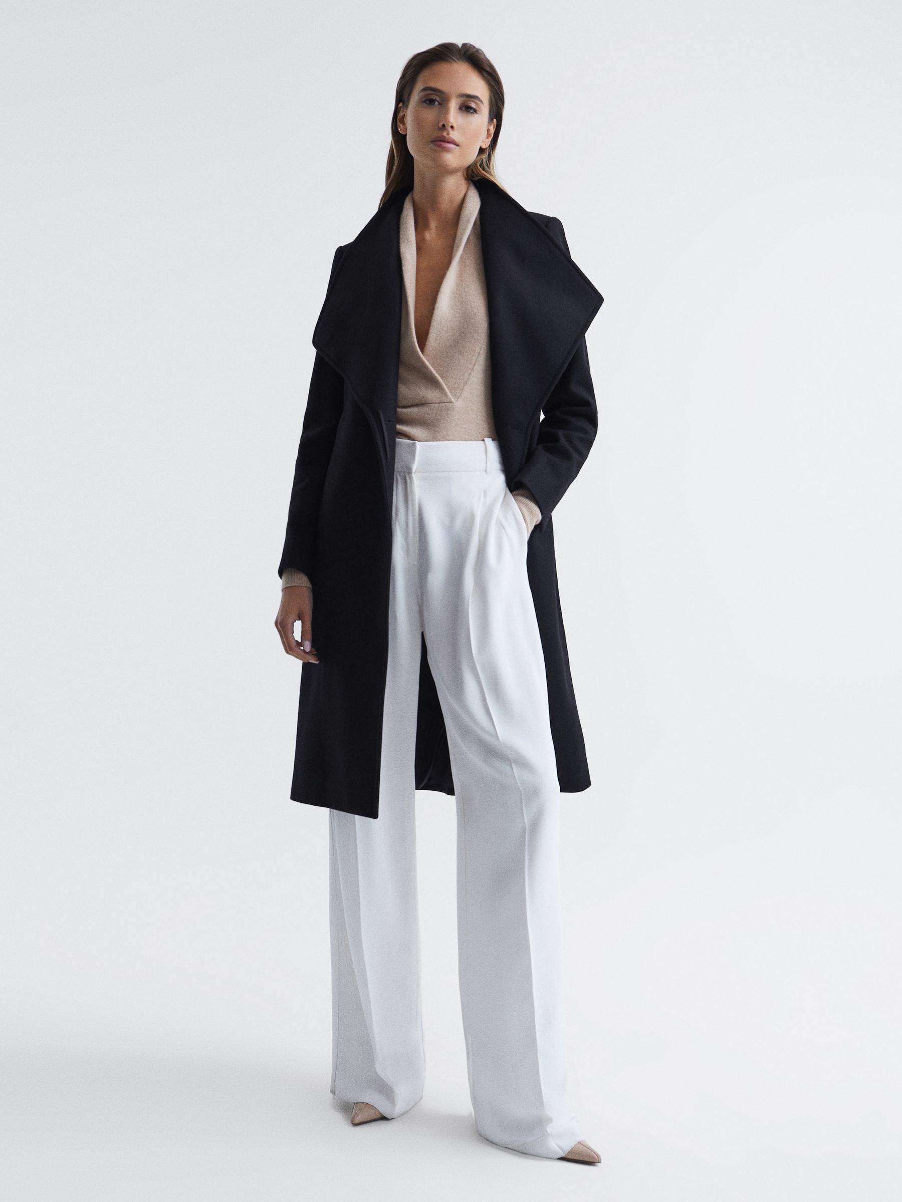 Cashmere Wool Blend Wrap Collar Belted Coat in Black - Image 3 of 7