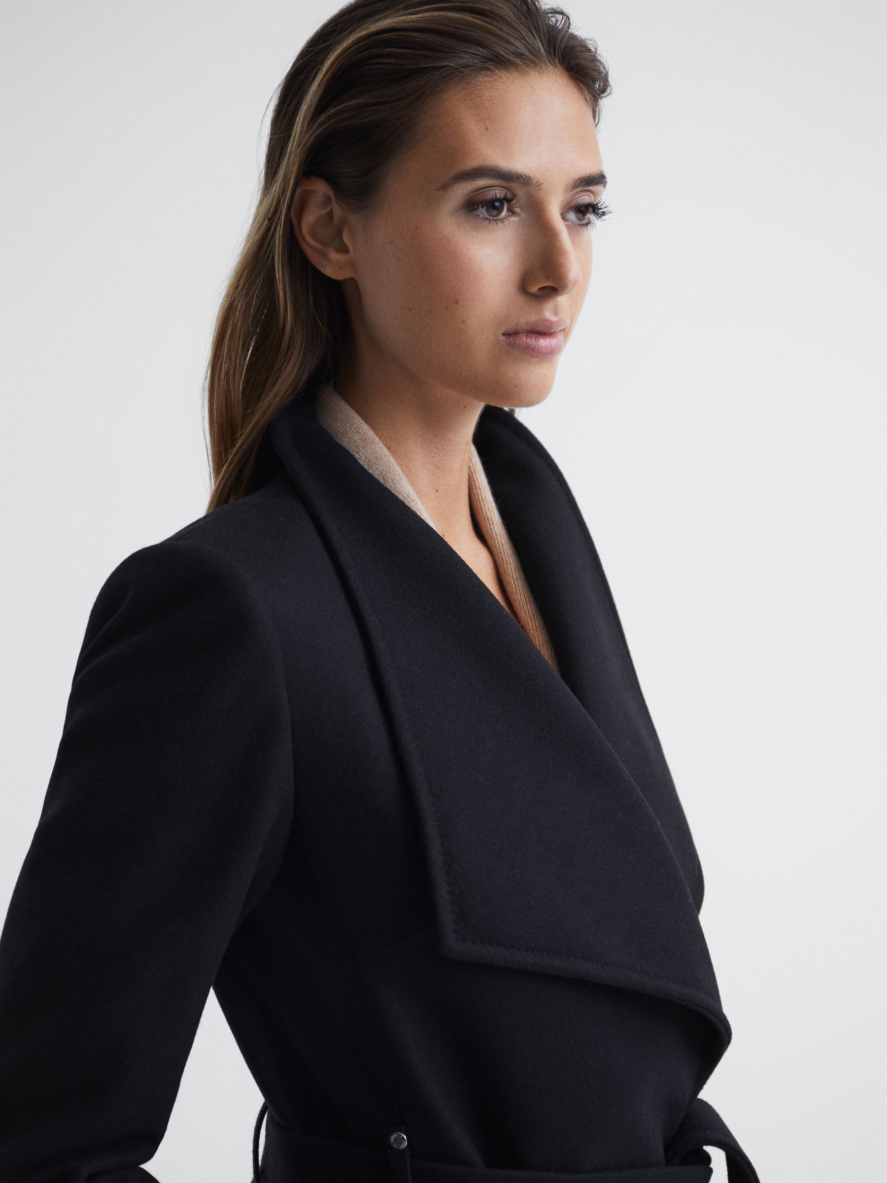 Cashmere Wool Blend Wrap Collar Belted Coat in Black - Image 4 of 7