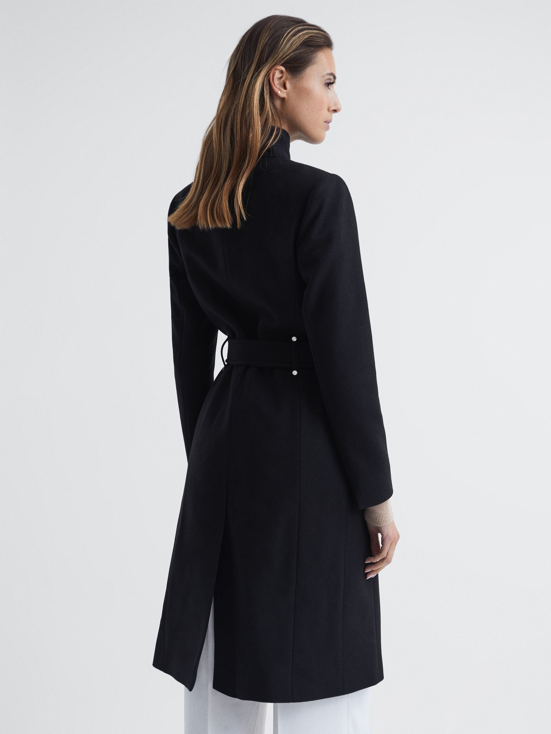 Cashmere Wool Blend Wrap Collar Belted Coat in Black - Image 5 of 7