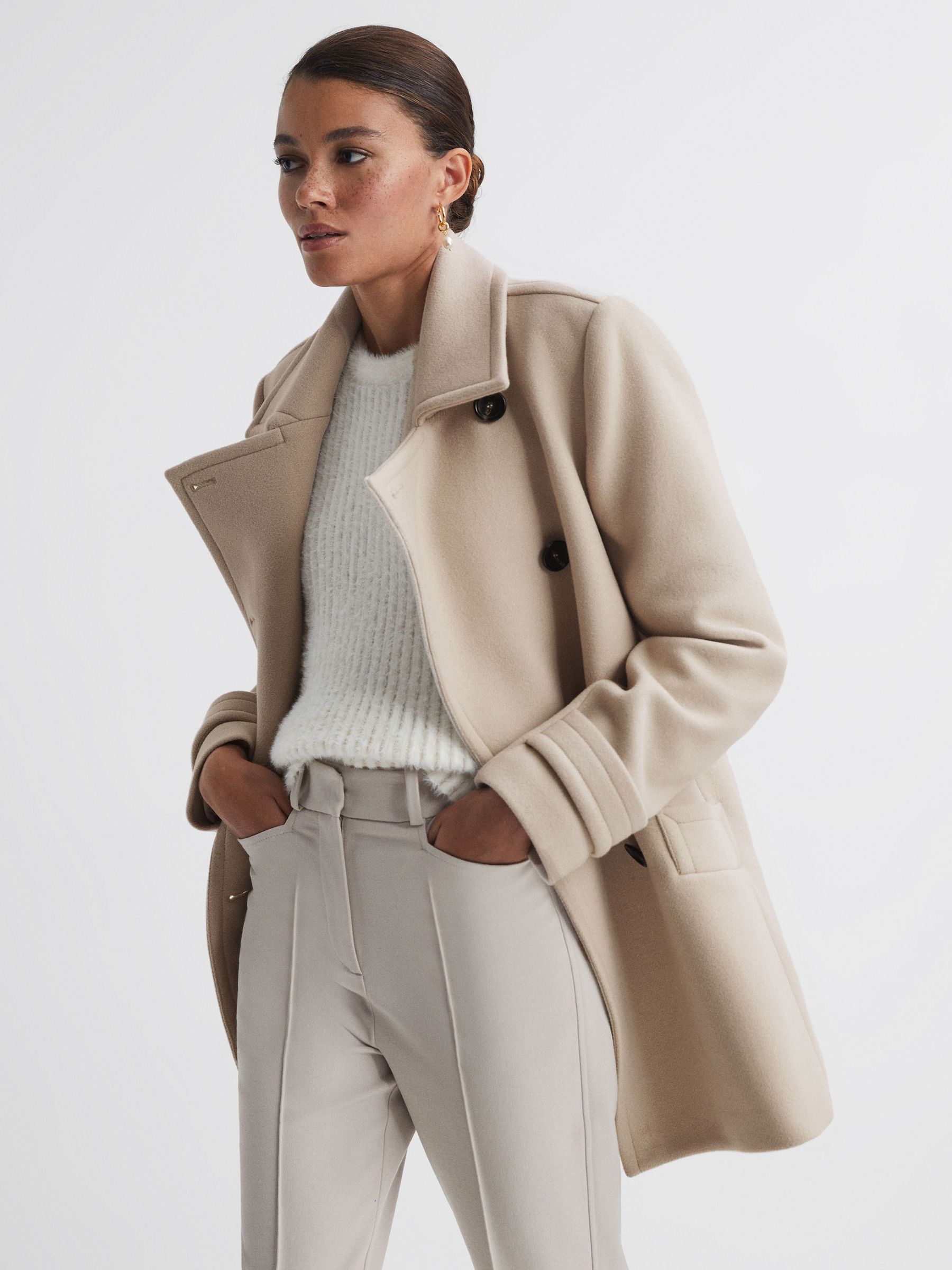 Wool Blend Double Breasted Coat in Stone - Image 5 of 7