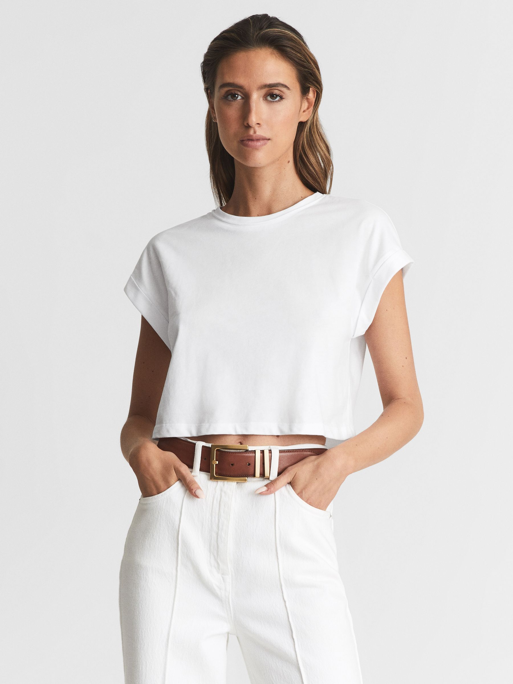 Cotton Crew Neck Crop Top in White - Image 1 of 6 Cotton Crew Neck Crop Top in White - Image 1 of 6