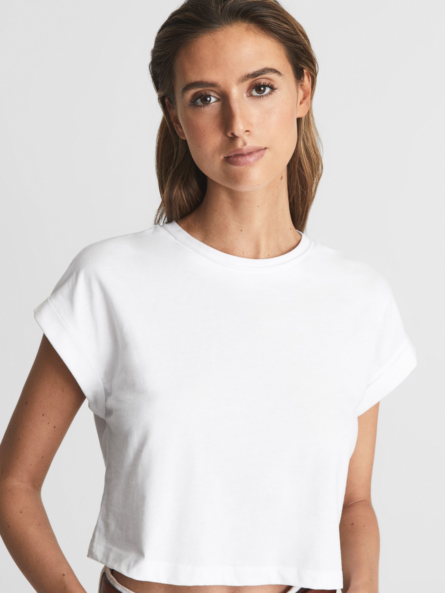 Cotton Crew Neck Crop Top in White - Image 4 of 6