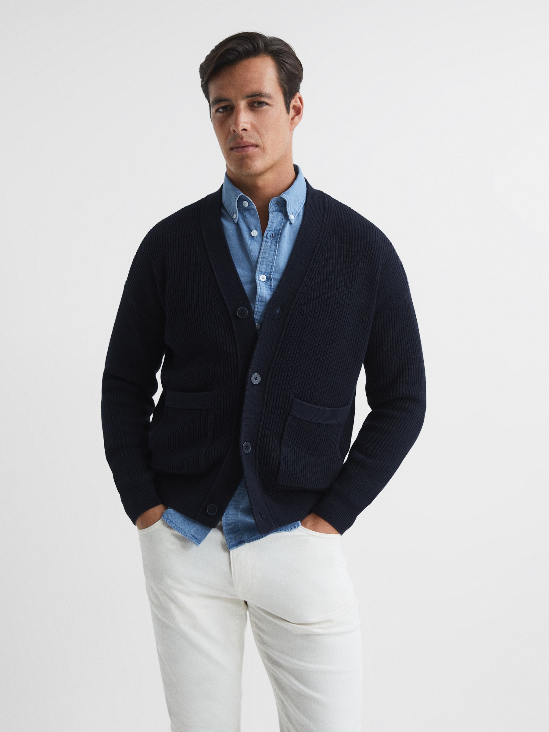 Chunky Knit Ribbed Cardigan in Navy - Image 1 of 5