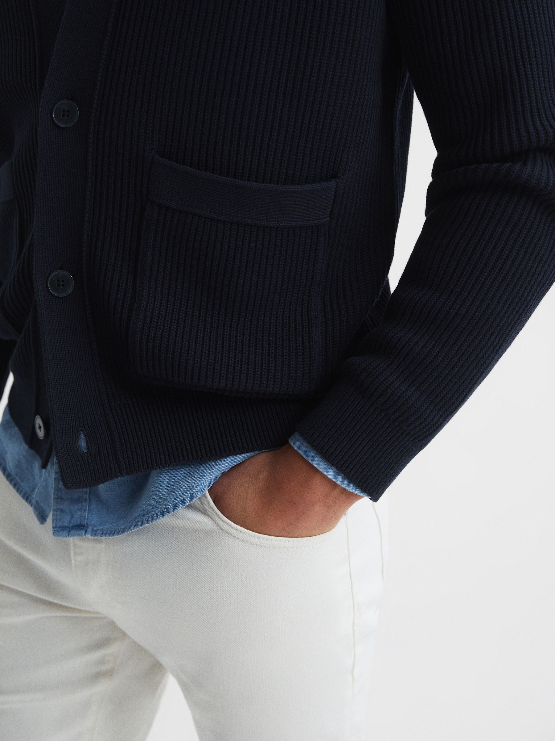 Chunky Knit Ribbed Cardigan in Navy - Image 4 of 5