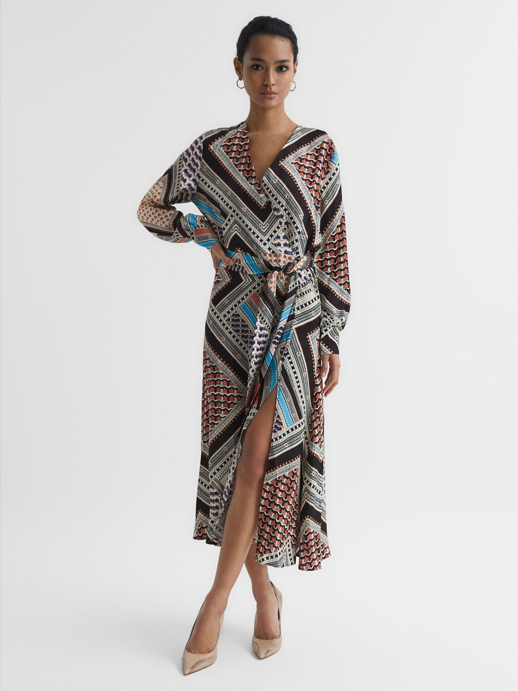 Scarf Print Midi Dress in Pink/Blue - Image 1 of 7