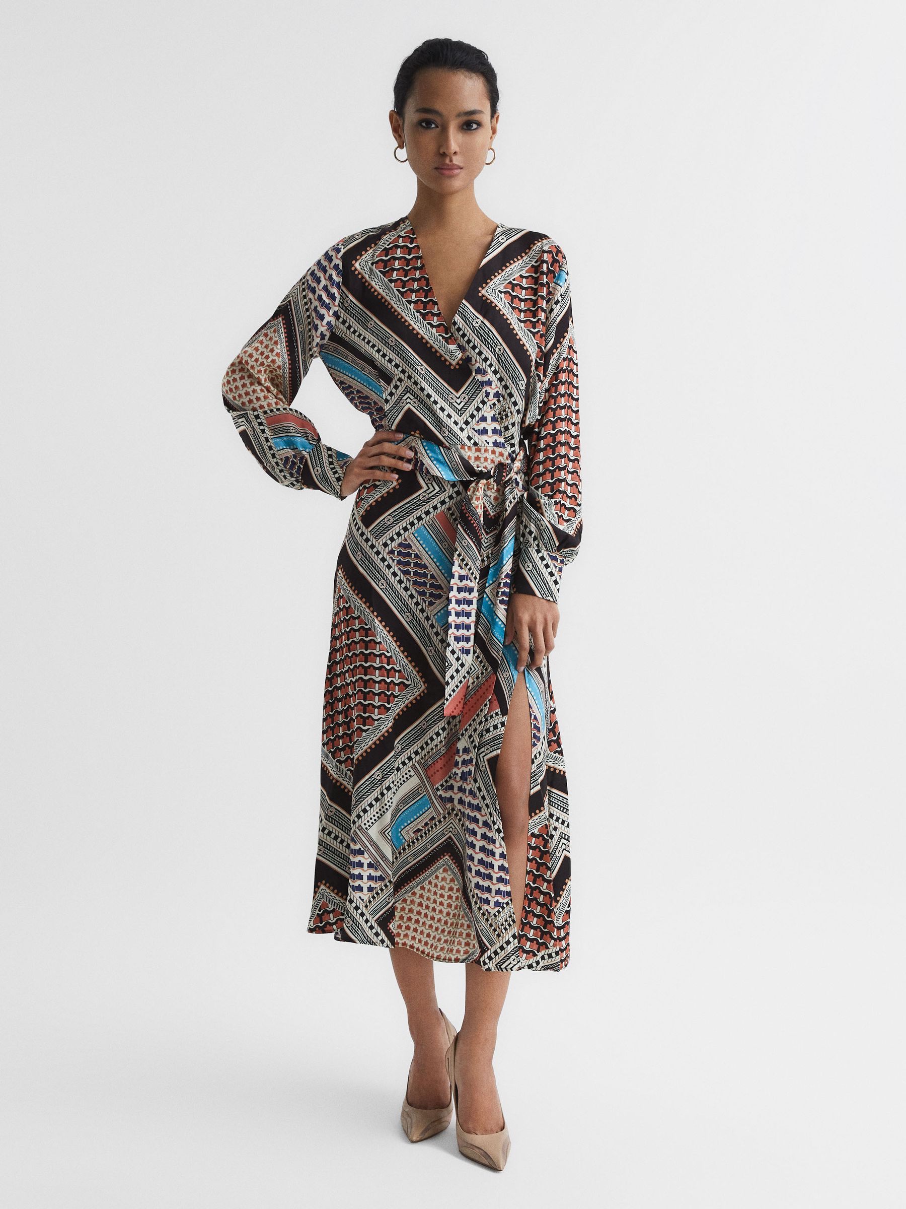 Scarf Print Midi Dress in Pink/Blue - Image 6 of 7