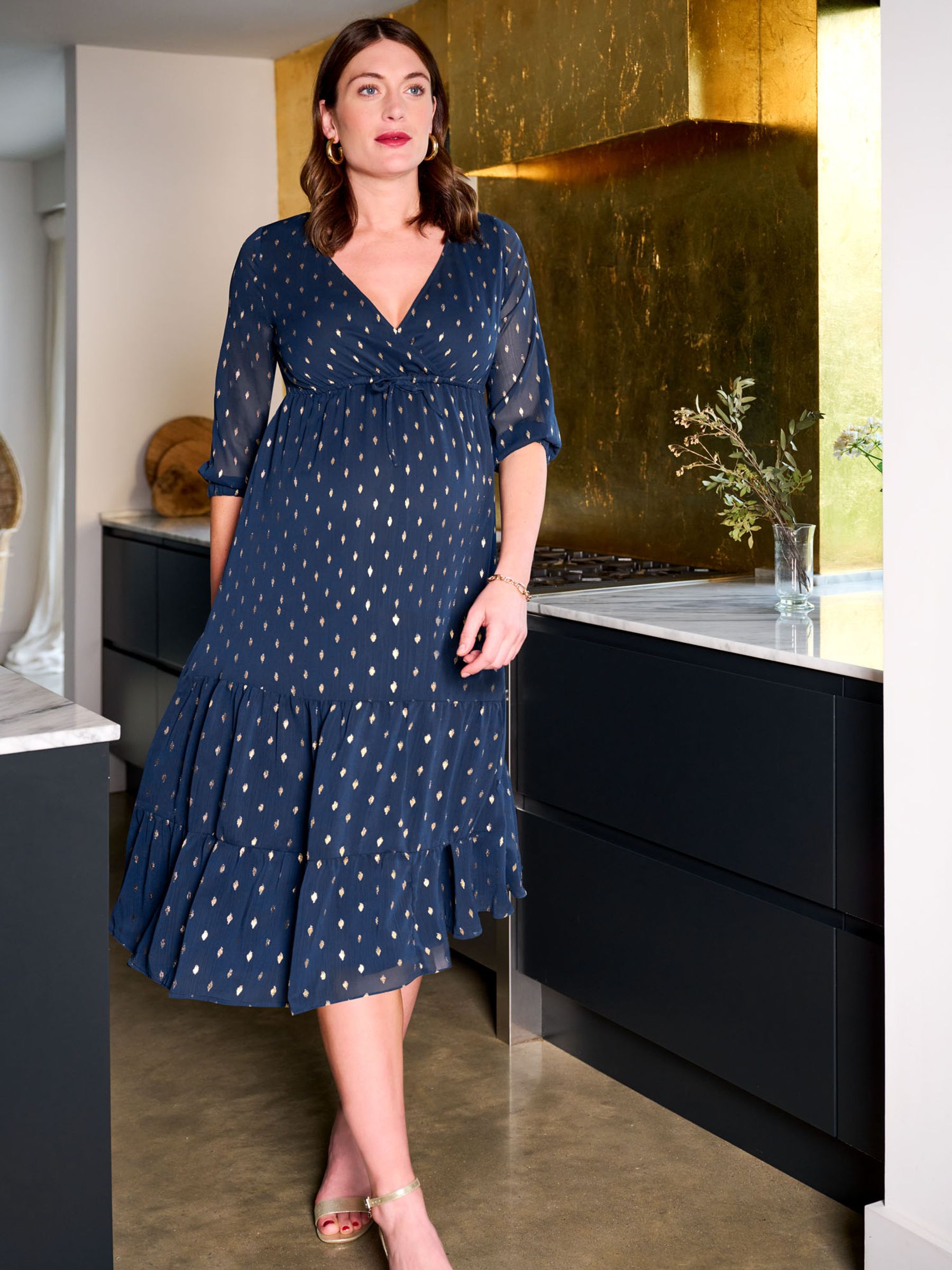 Navy Foil Print Wrap Maternity Midi Dress - Image 1 of 3