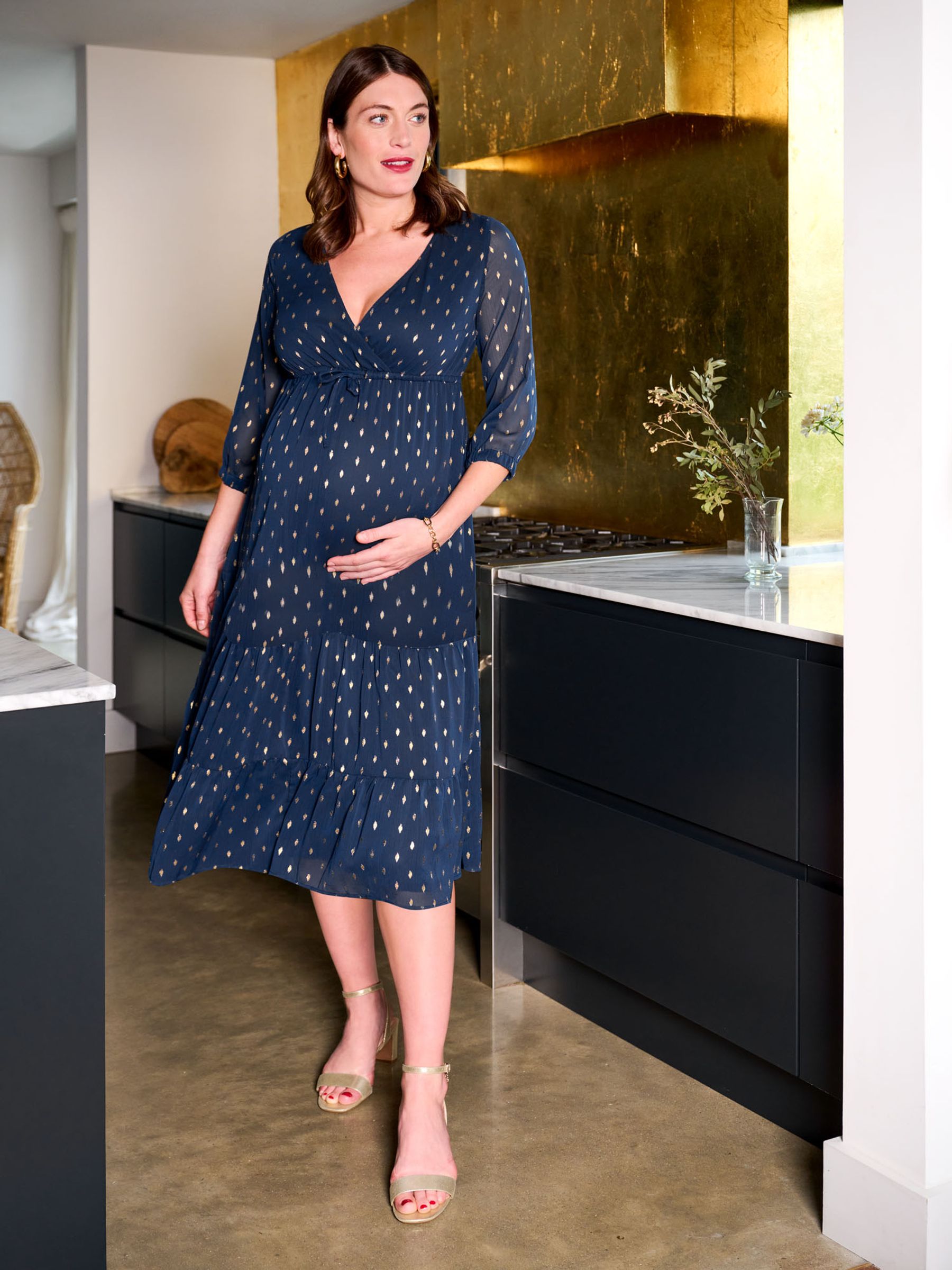 Navy Foil Print Wrap Maternity Midi Dress - Image 2 of 3