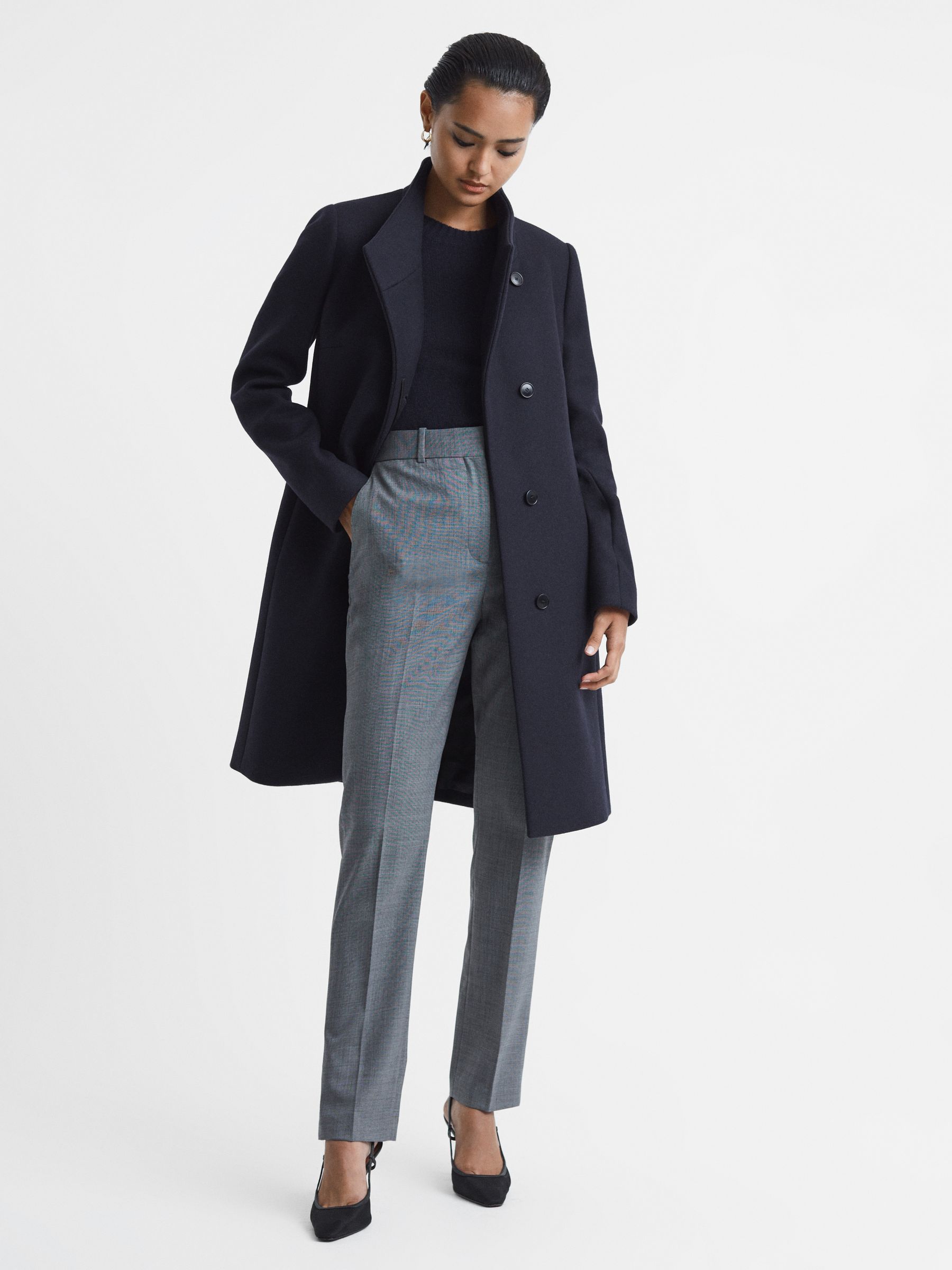 Reiss Wool Blend Mid-Length Coat in Navy | REISS
